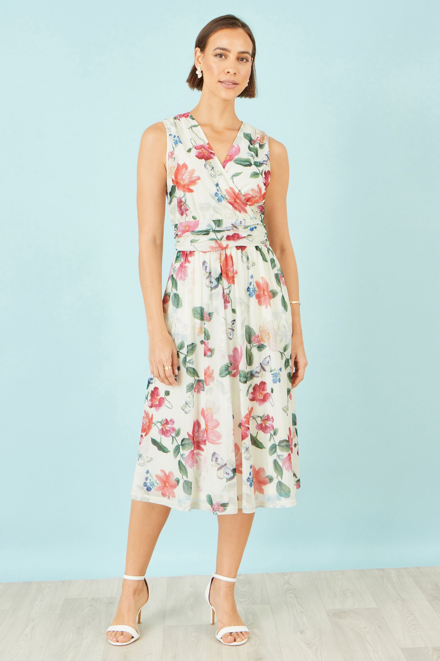 Yumi Ivory Blurred Floral Print Mesh Stretch Midi Dress With Pockets Dress Occasion Yumi