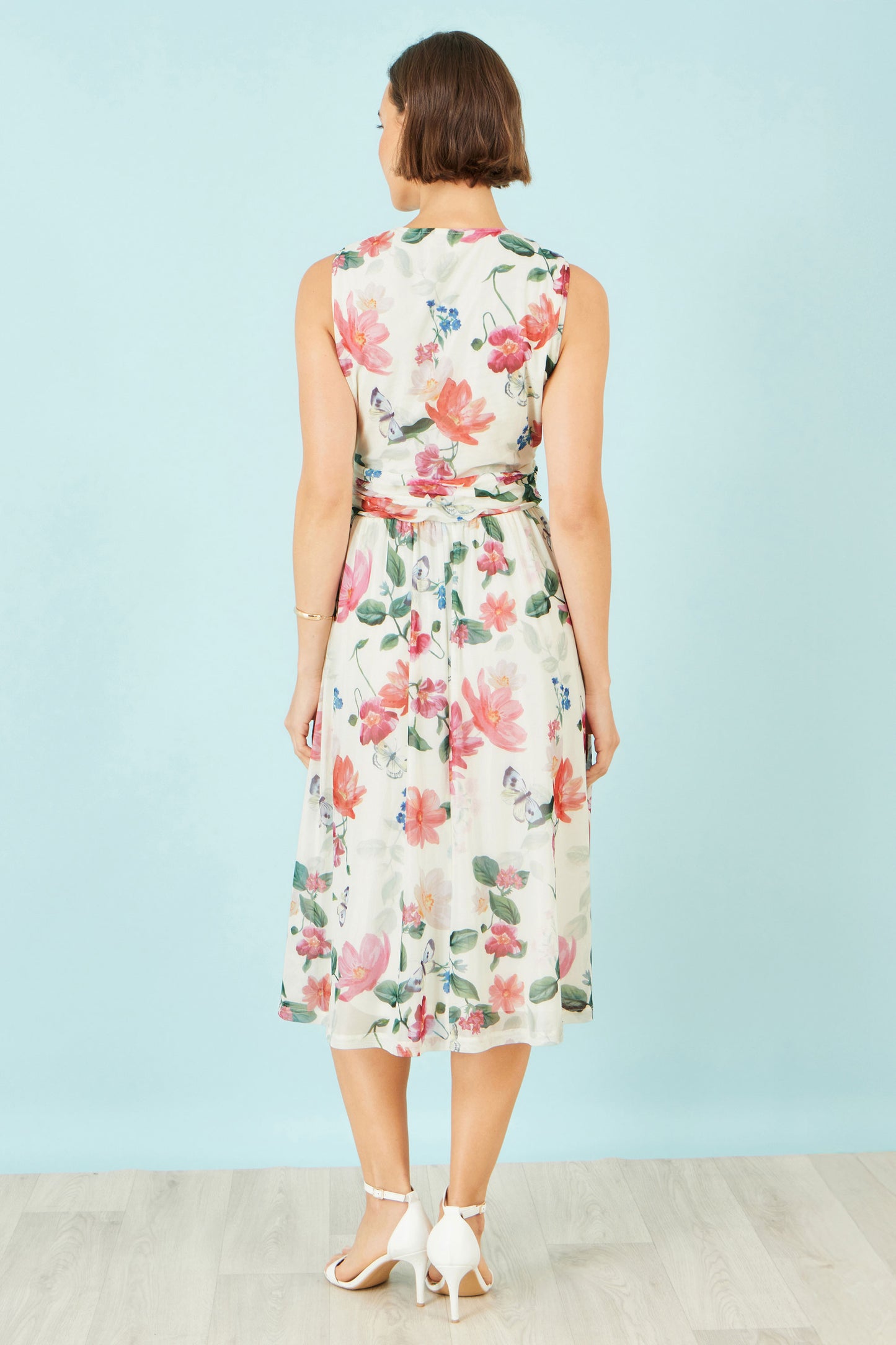 Yumi Ivory Blurred Floral Print Mesh Stretch Midi Dress With Pockets Dress Occasion Yumi