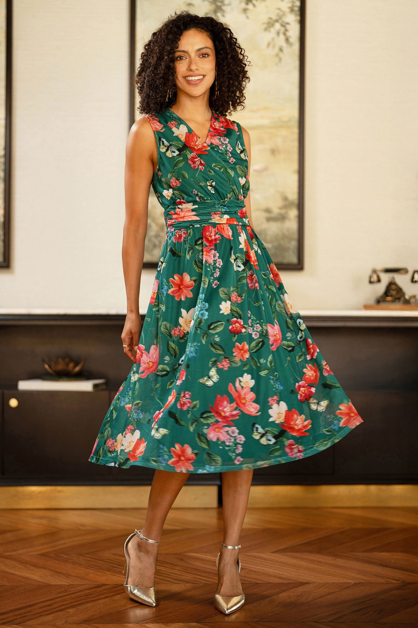 Yumi Green Blurred Floral Print Mesh Stretch Midi Dress With Pockets Dress Occasion Yumi