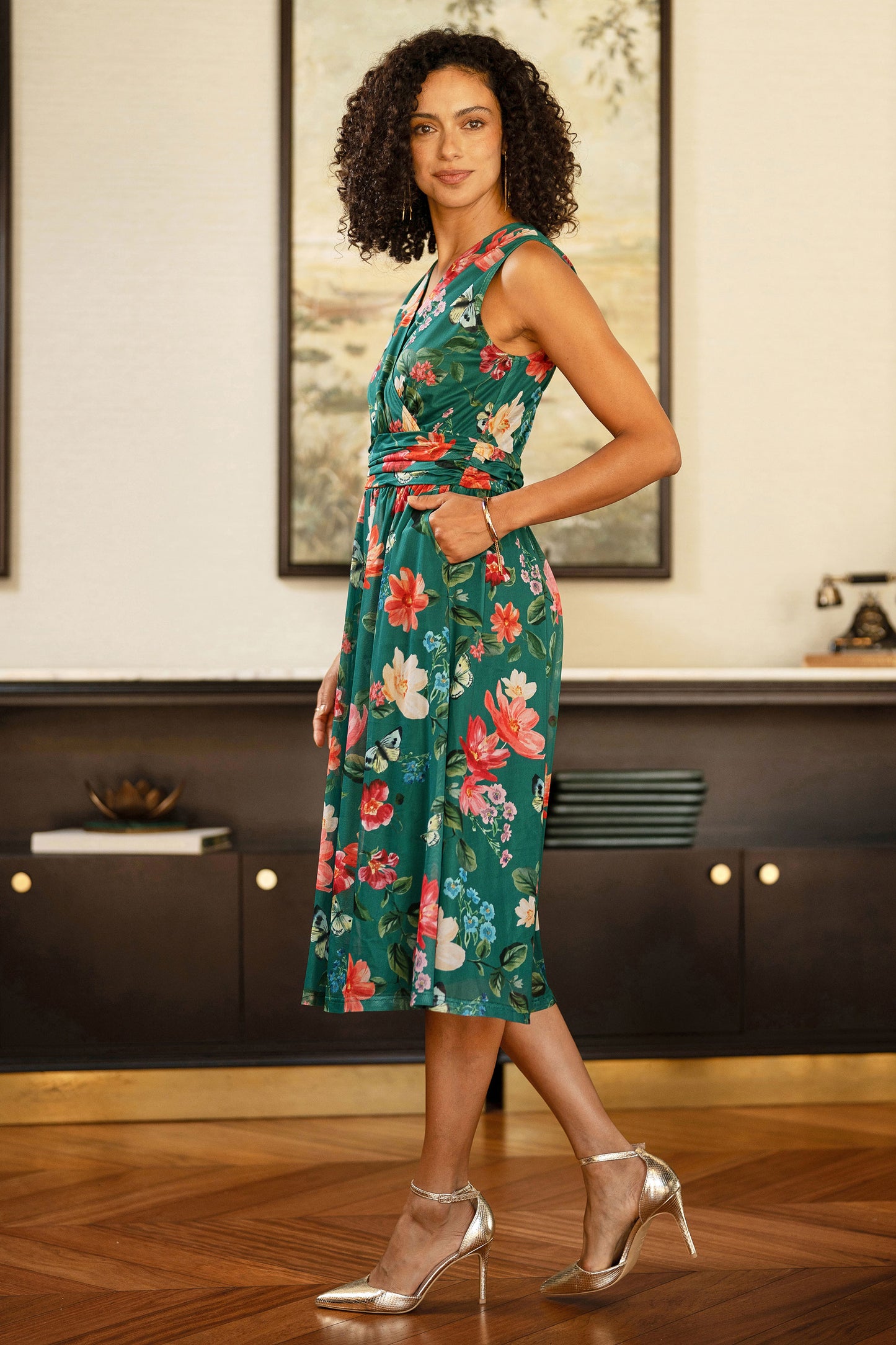 Yumi Green Blurred Floral Print Mesh Stretch Midi Dress With Pockets Dress Occasion Yumi