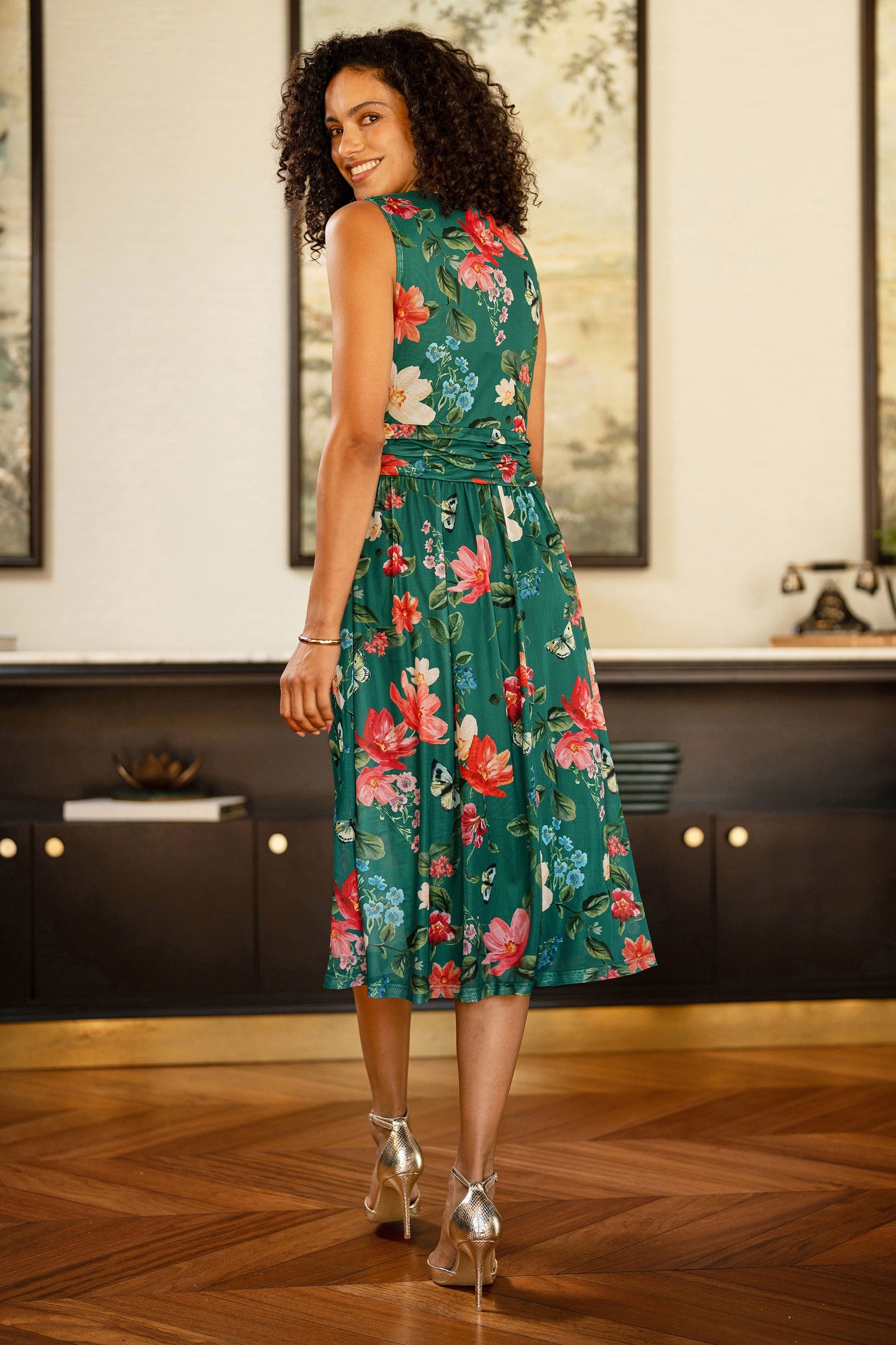 Yumi Green Blurred Floral Print Mesh Stretch Midi Dress With Pockets Dress Occasion Yumi