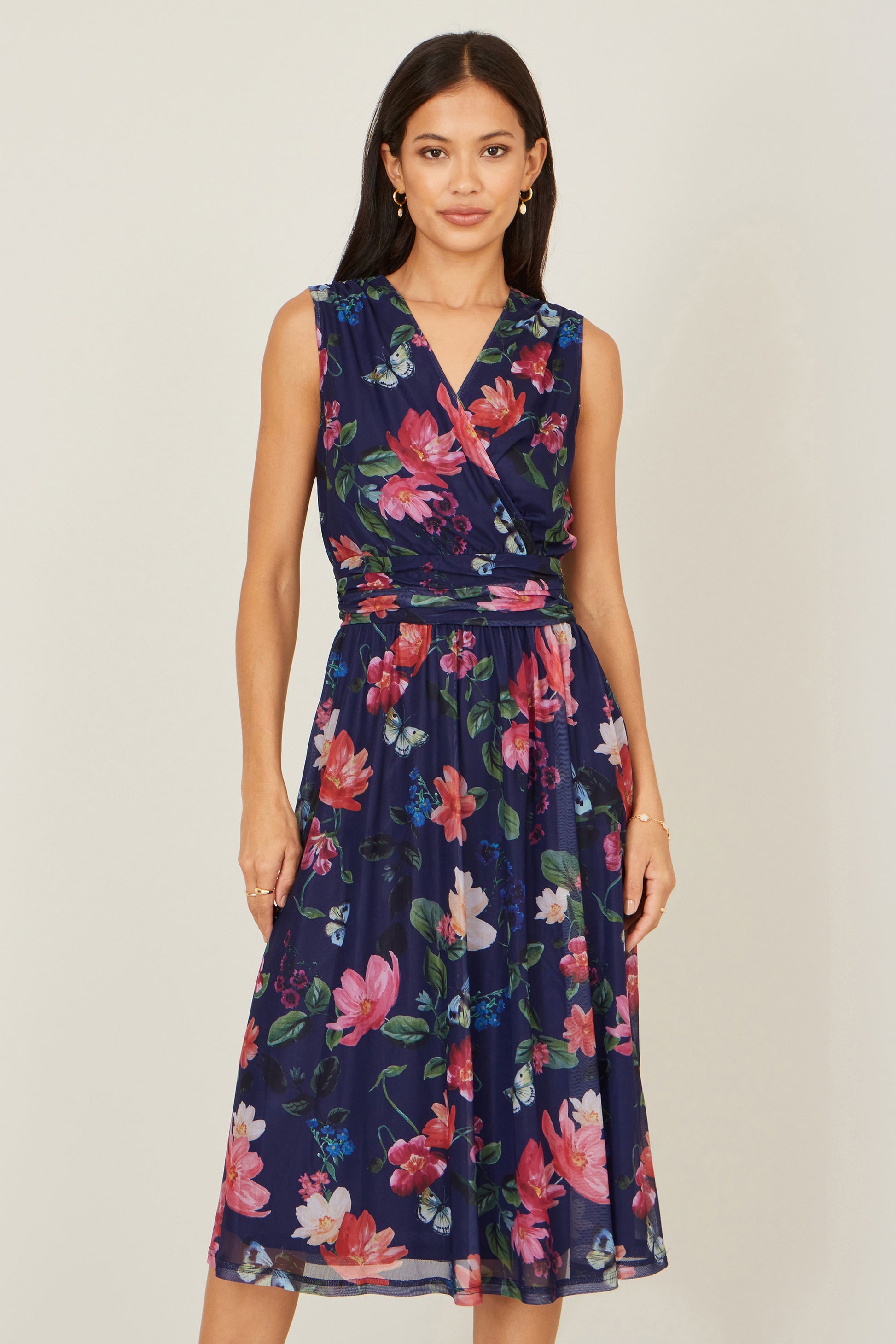 Yumi Navy Blurred Floral Print Mesh Stretch Midi Dress With Pockets Dress Occasion Yumi