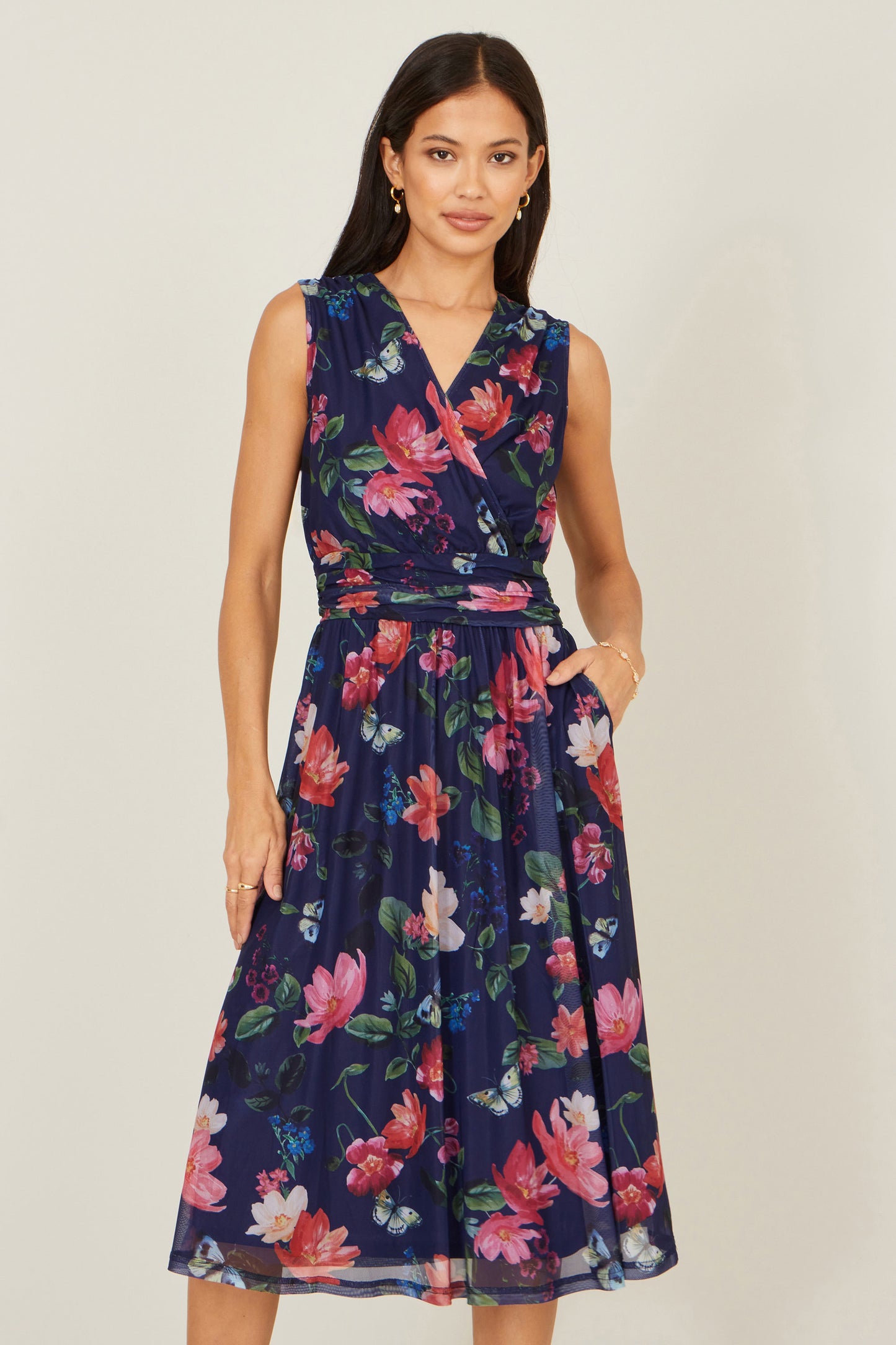 Yumi Navy Blurred Floral Print Mesh Stretch Midi Dress With Pockets Dress Occasion Yumi