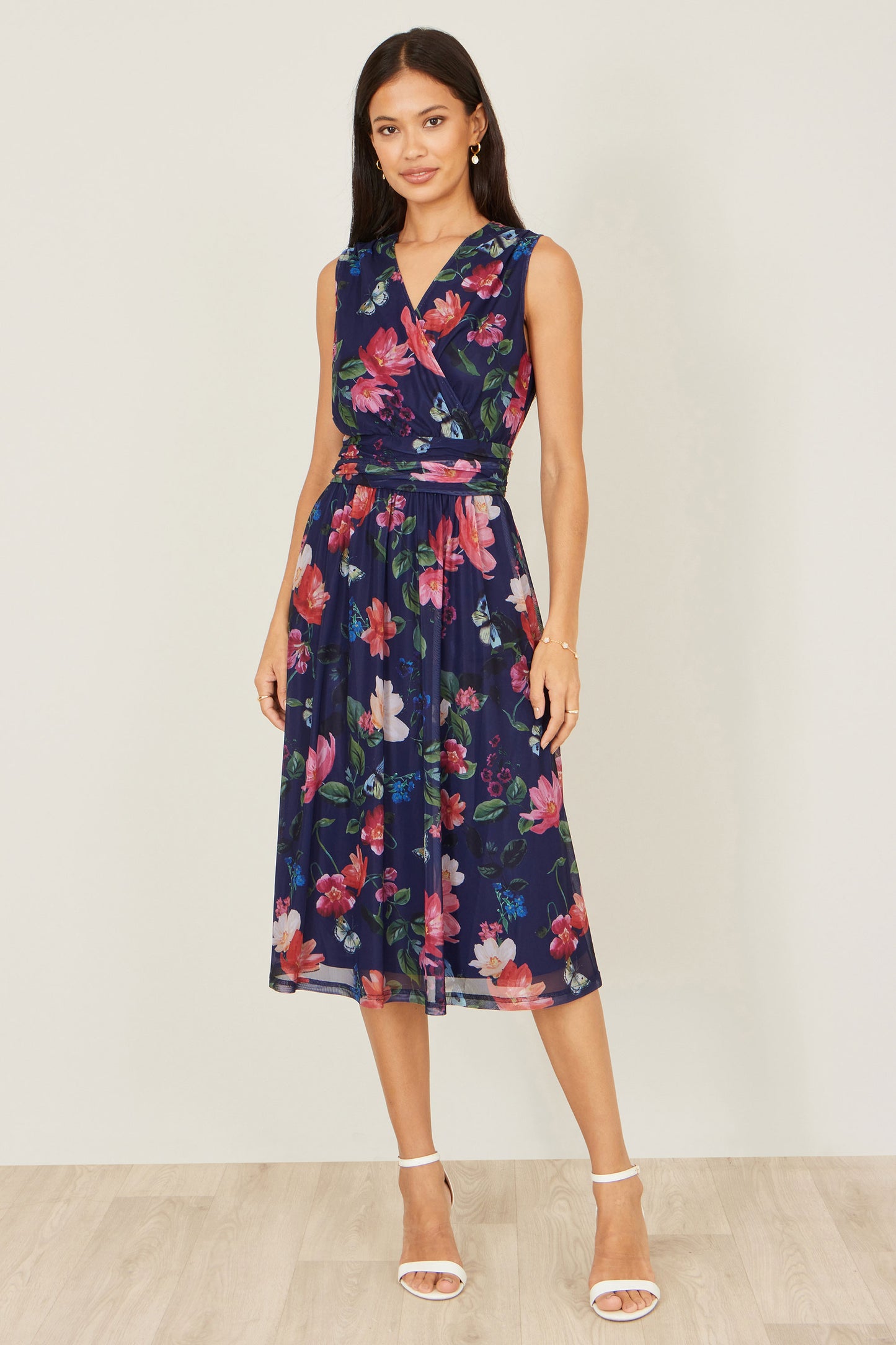 Yumi Navy Blurred Floral Print Mesh Stretch Midi Dress With Pockets Dress Occasion Yumi