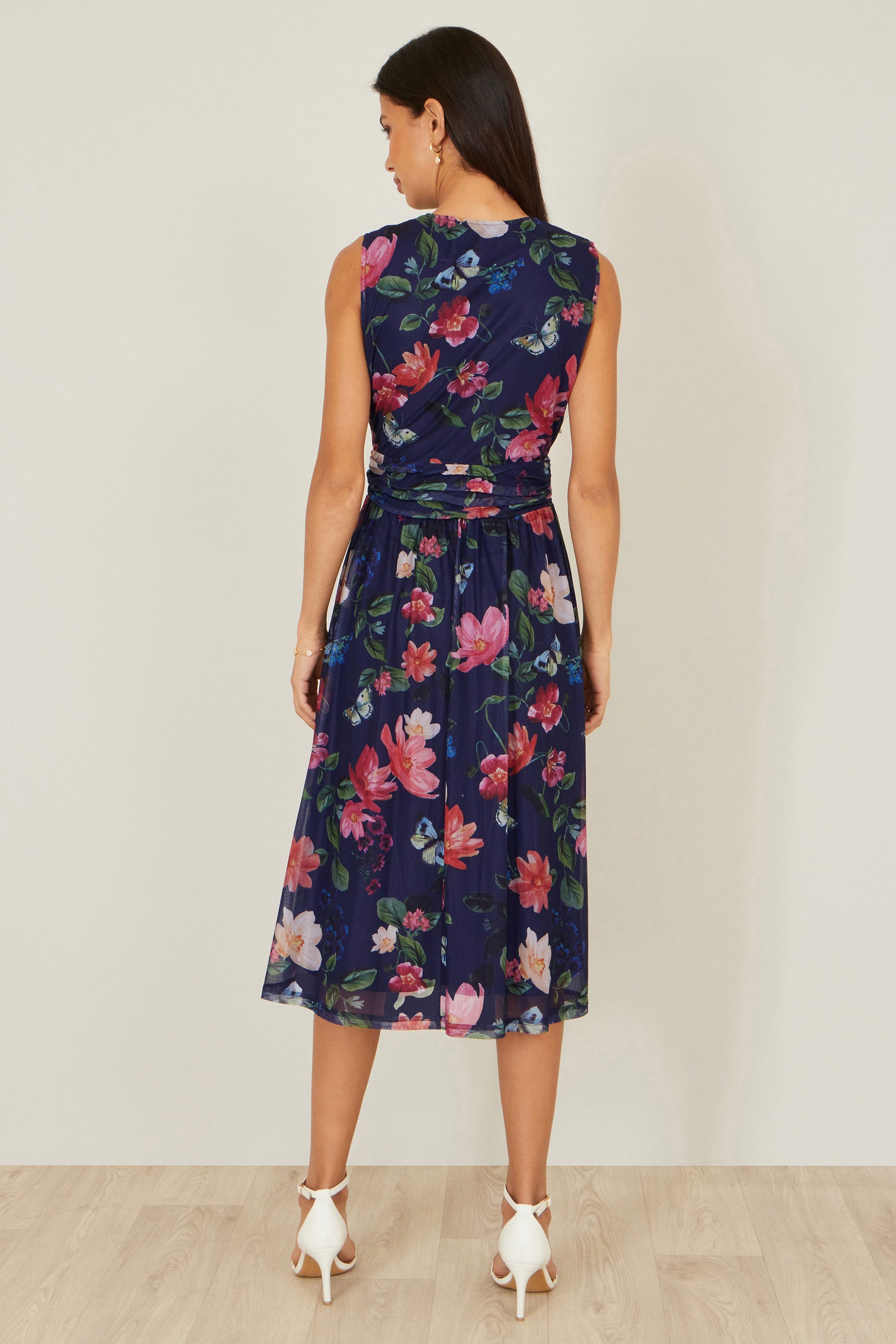 Yumi Navy Blurred Floral Print Mesh Stretch Midi Dress With Pockets Dress Occasion Yumi