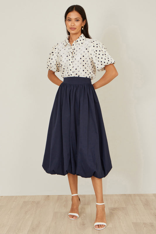 Yumi Navy Satin Bubble Hem Midi Skirt Skirts Yumi