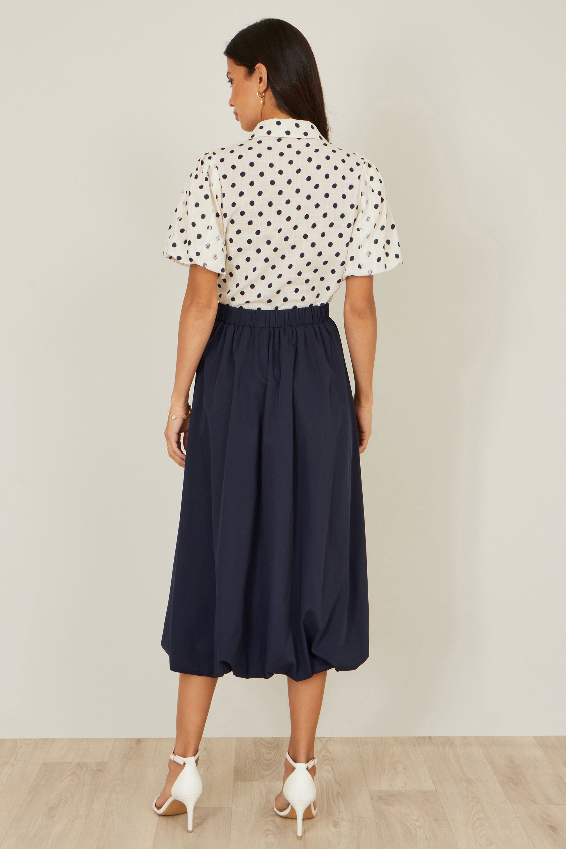 Yumi Navy Satin Bubble Hem Midi Skirt Skirts Yumi
