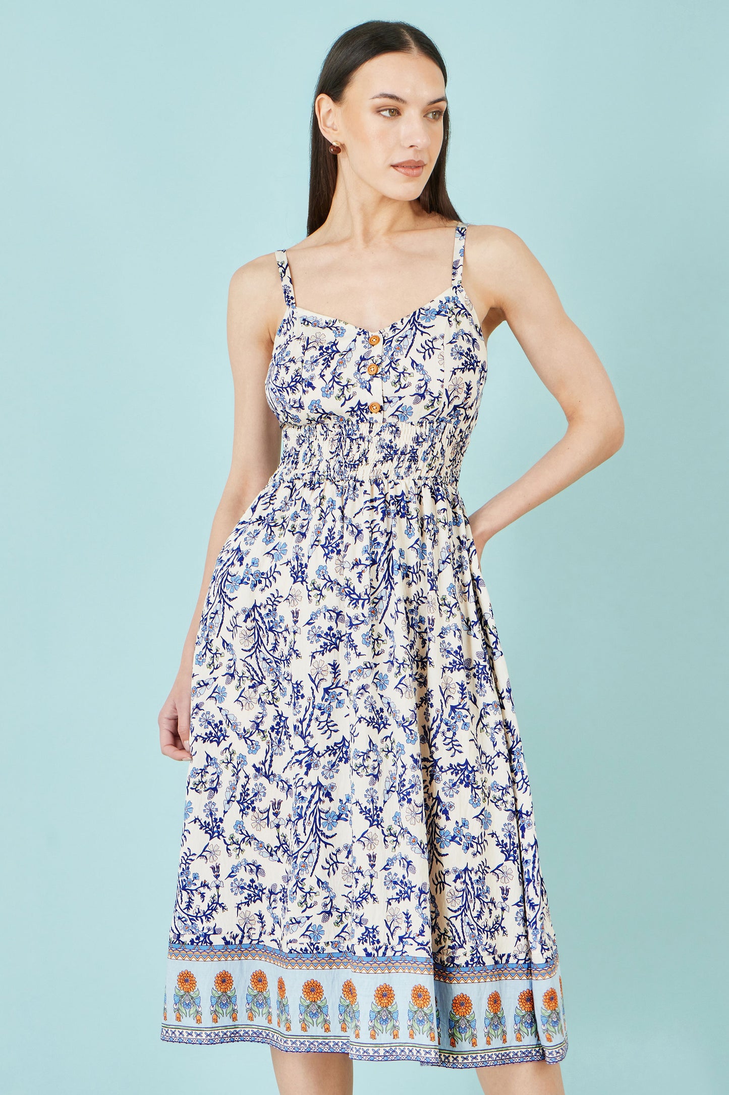 Yumi White Floral Border Print Viscose Midi Sun Dress Beachwear Yumi