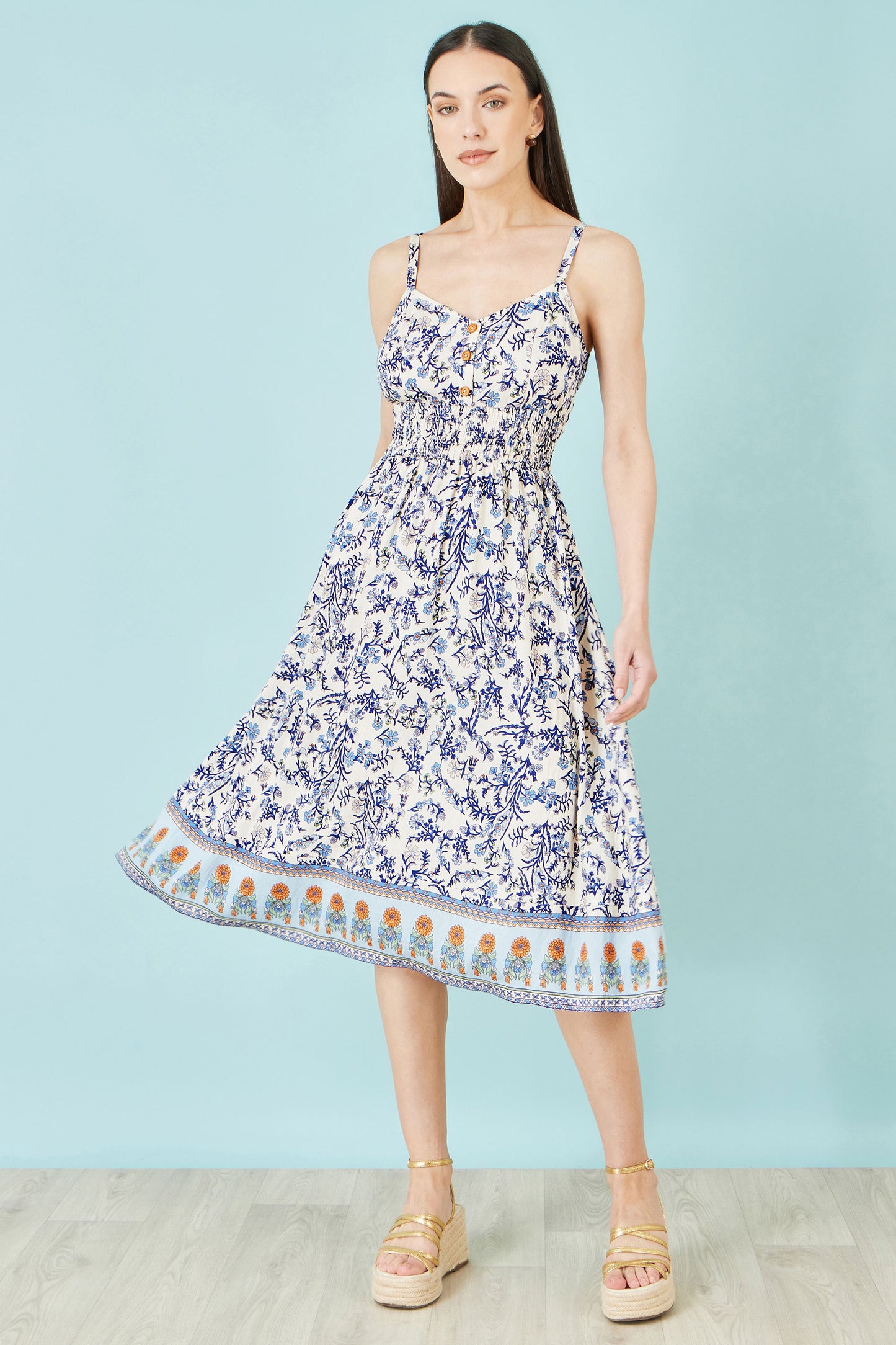 Yumi White Floral Border Print Viscose Midi Sun Dress Beachwear Yumi