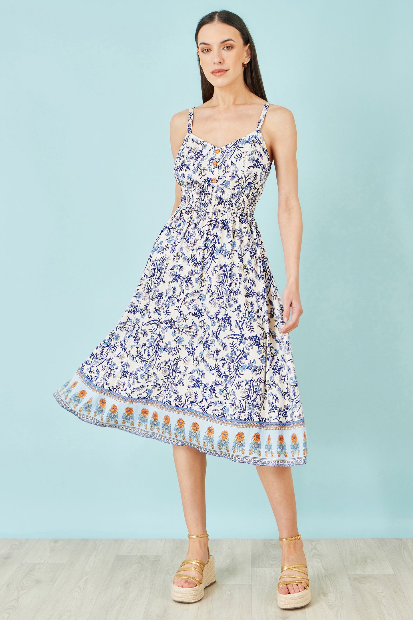 Yumi White Floral Border Print Viscose Midi Sun Dress Beachwear Yumi