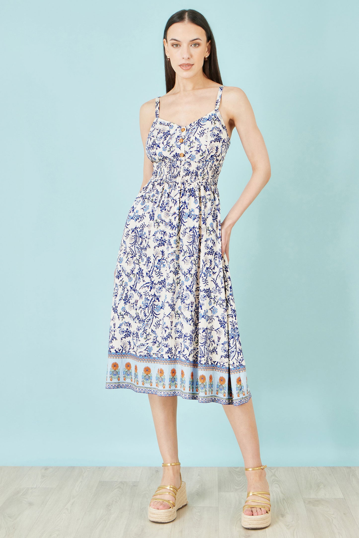 Yumi White Floral Border Print Viscose Midi Sun Dress Beachwear Yumi