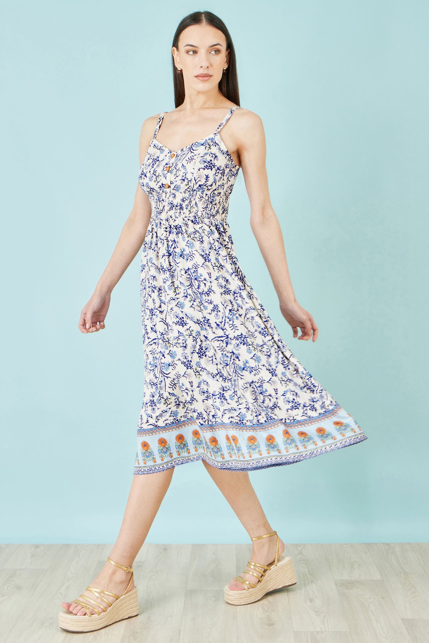 Yumi White Floral Border Print Viscose Midi Sun Dress Beachwear Yumi