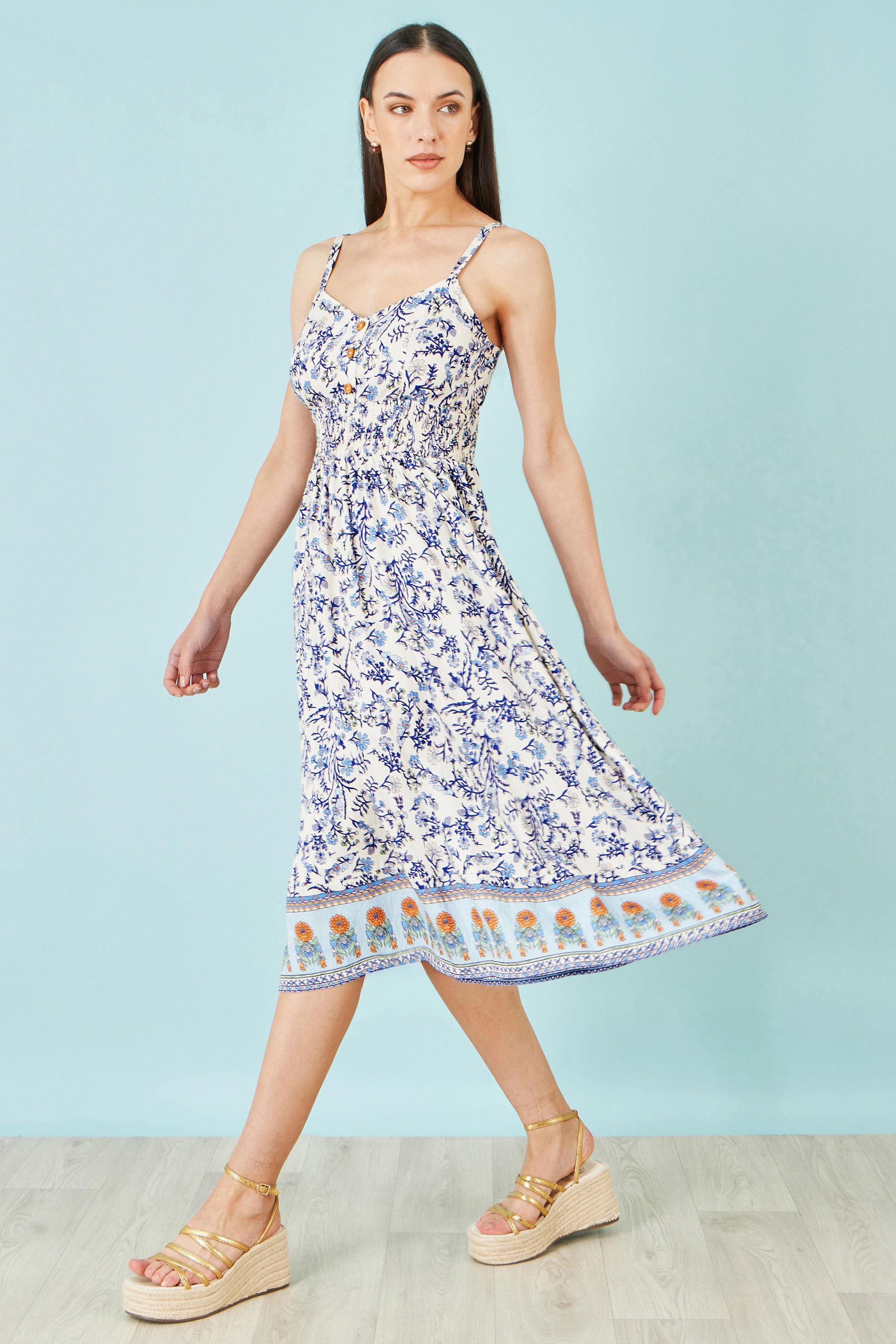 Yumi White Floral Border Print Viscose Midi Sun Dress Beachwear Yumi