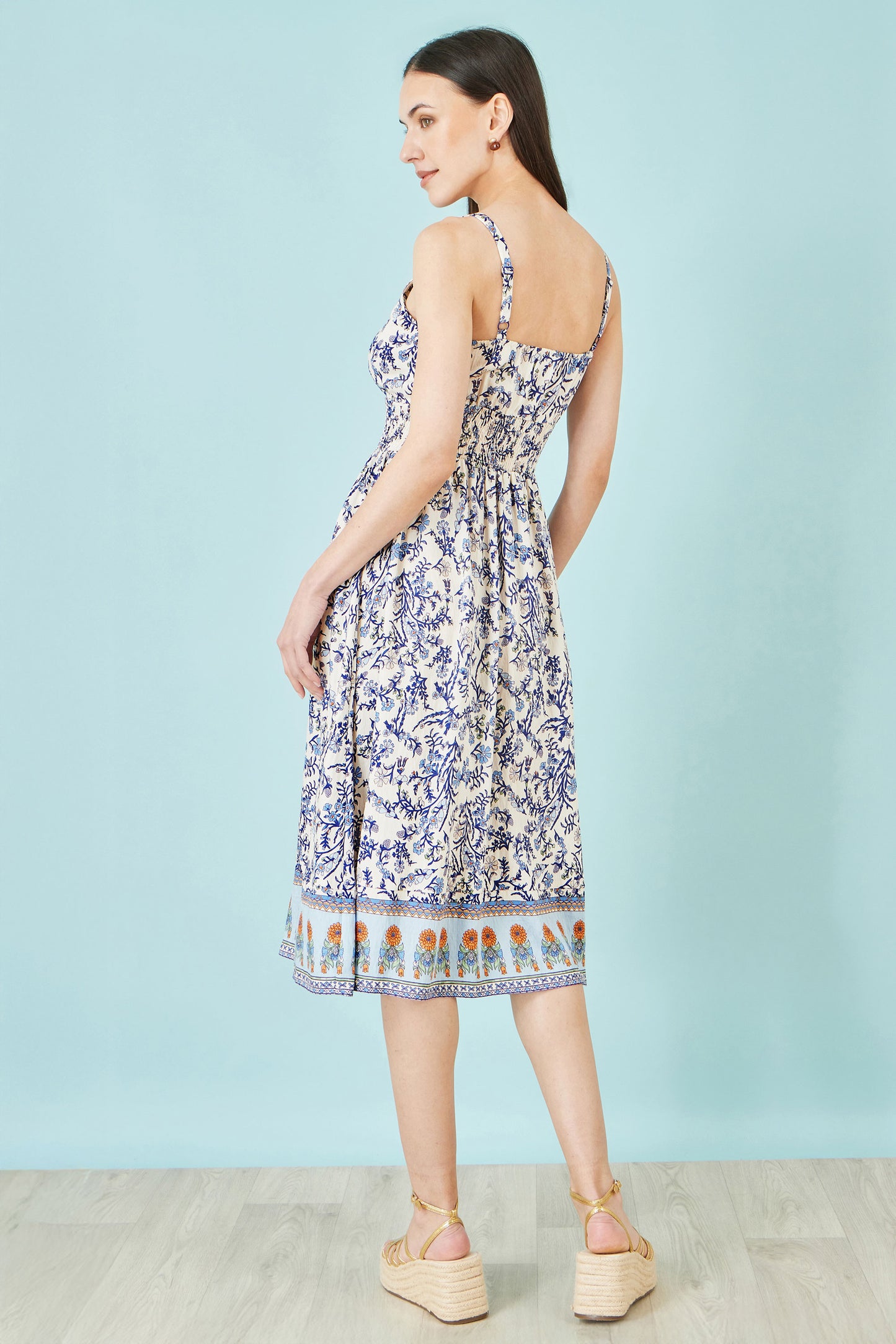 Yumi White Floral Border Print Viscose Midi Sun Dress Beachwear Yumi