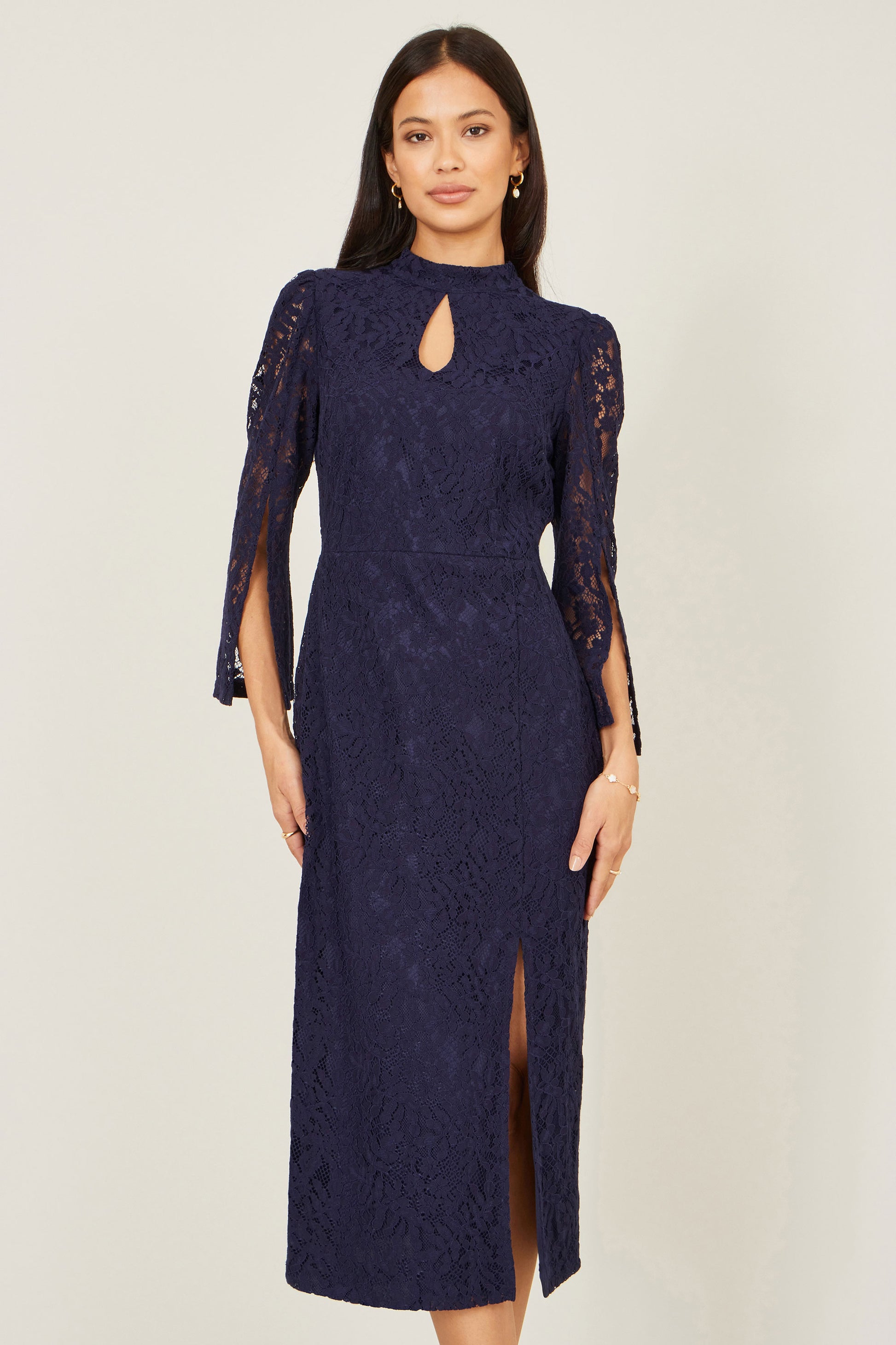 Yumi Navy Lace Fitted Midi Dress With Flute Sleeves Dress Occasion Yumi