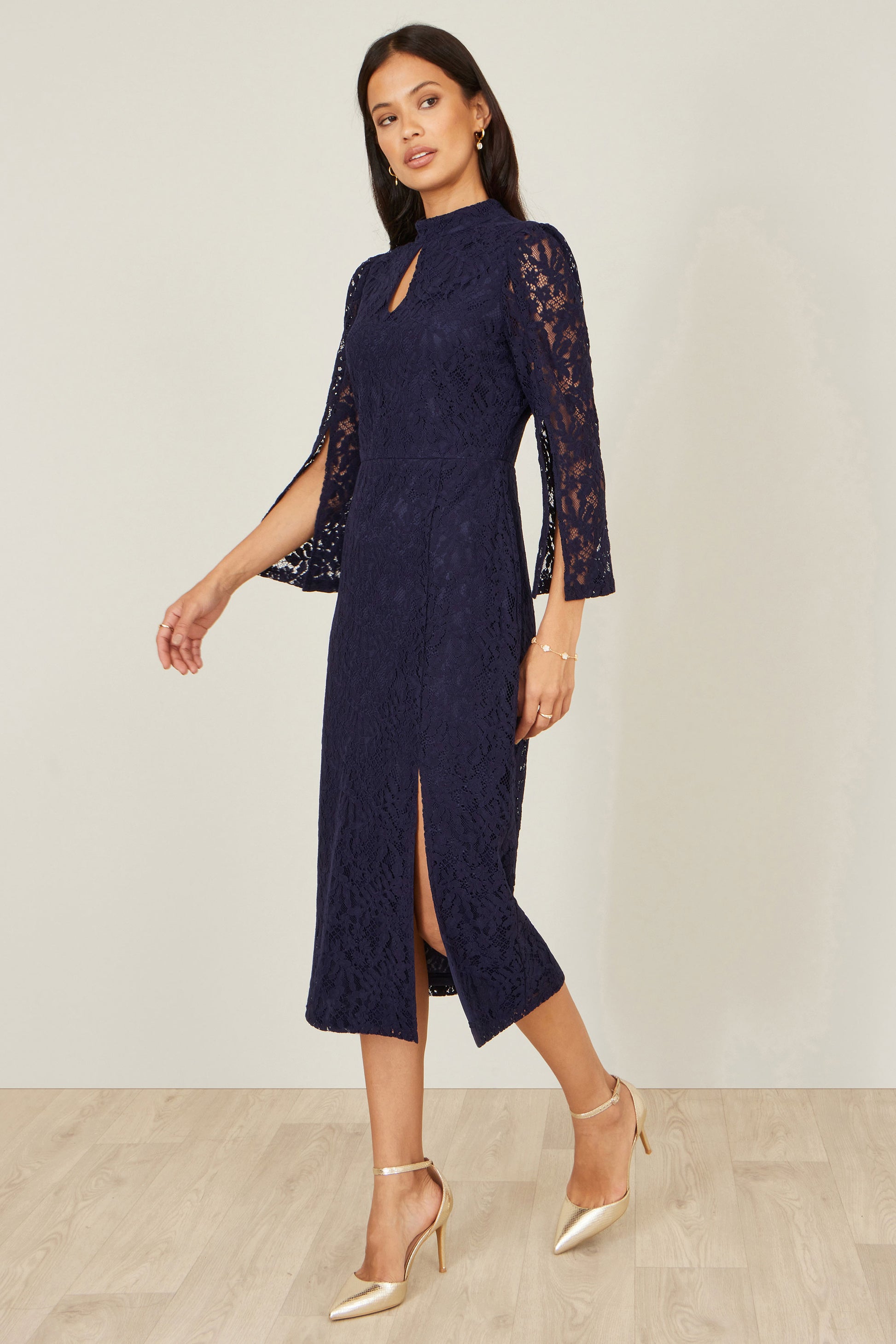 Yumi Navy Lace Fitted Midi Dress With Flute Sleeves Dress Occasion Yumi