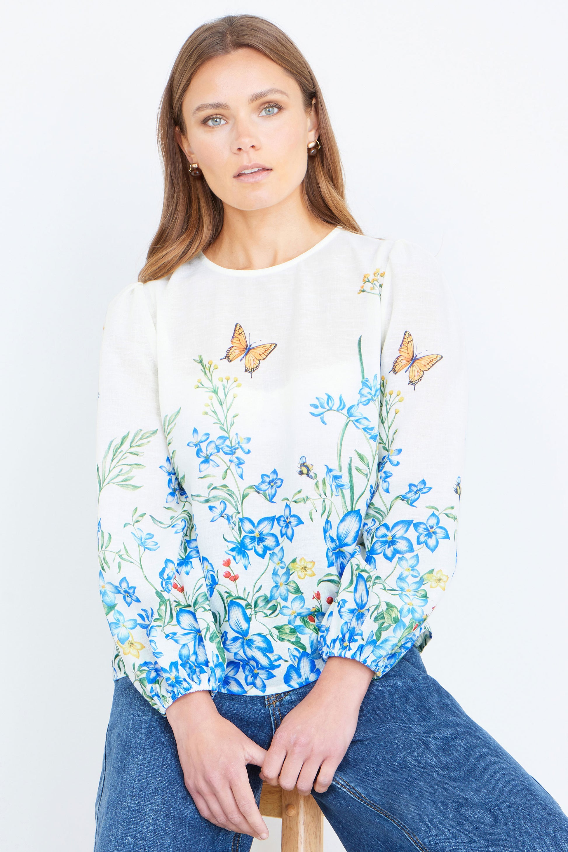 Yumi Ivory Butterfly Print Long Sleeve Top Tops Yumi