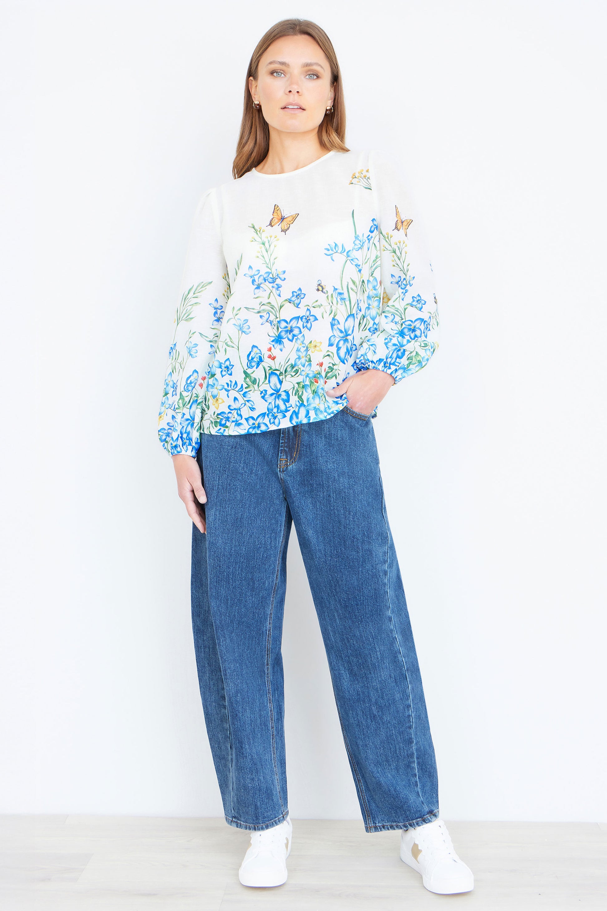 Yumi Ivory Butterfly Print Long Sleeve Top Tops Yumi