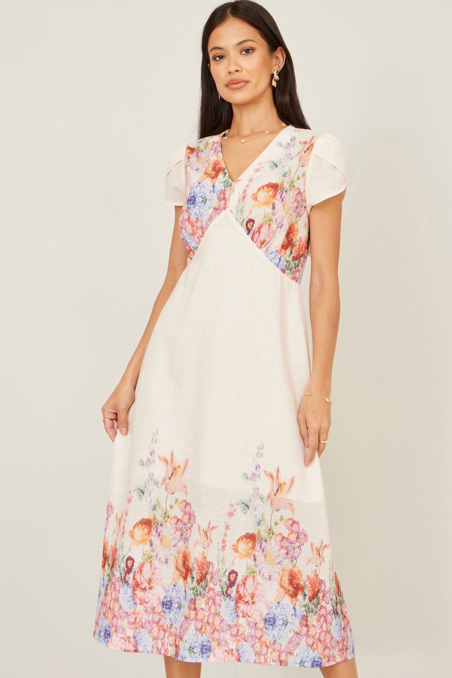 Yumi Pink Border Floral Midi Dress Dress Occasion Yumi