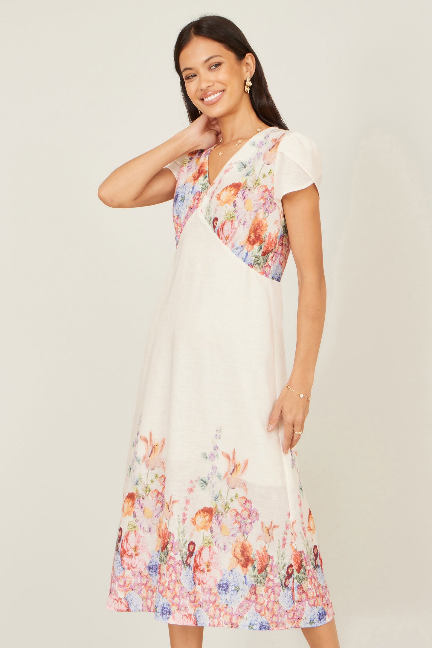 Yumi Pink Border Floral Midi Dress Dress Occasion Yumi