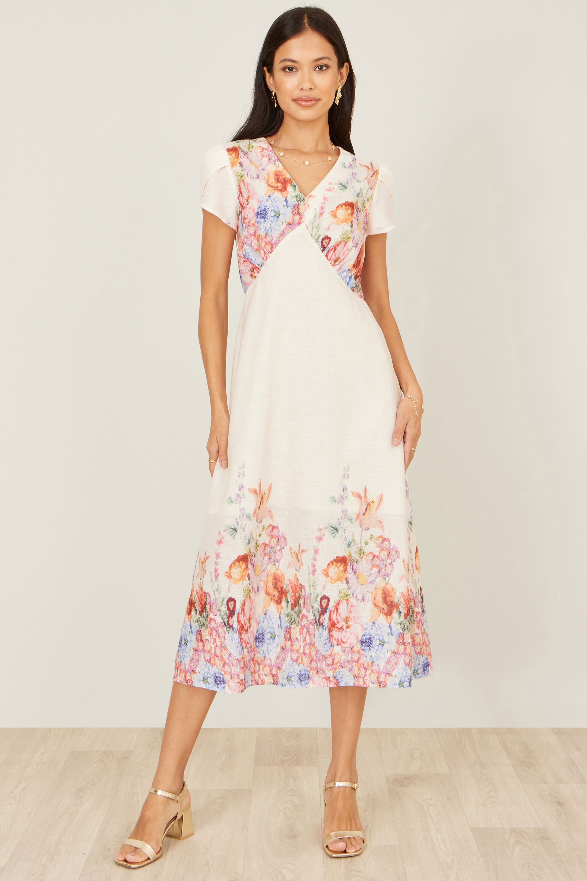 Yumi Pink Border Floral Midi Dress Dress Occasion Yumi