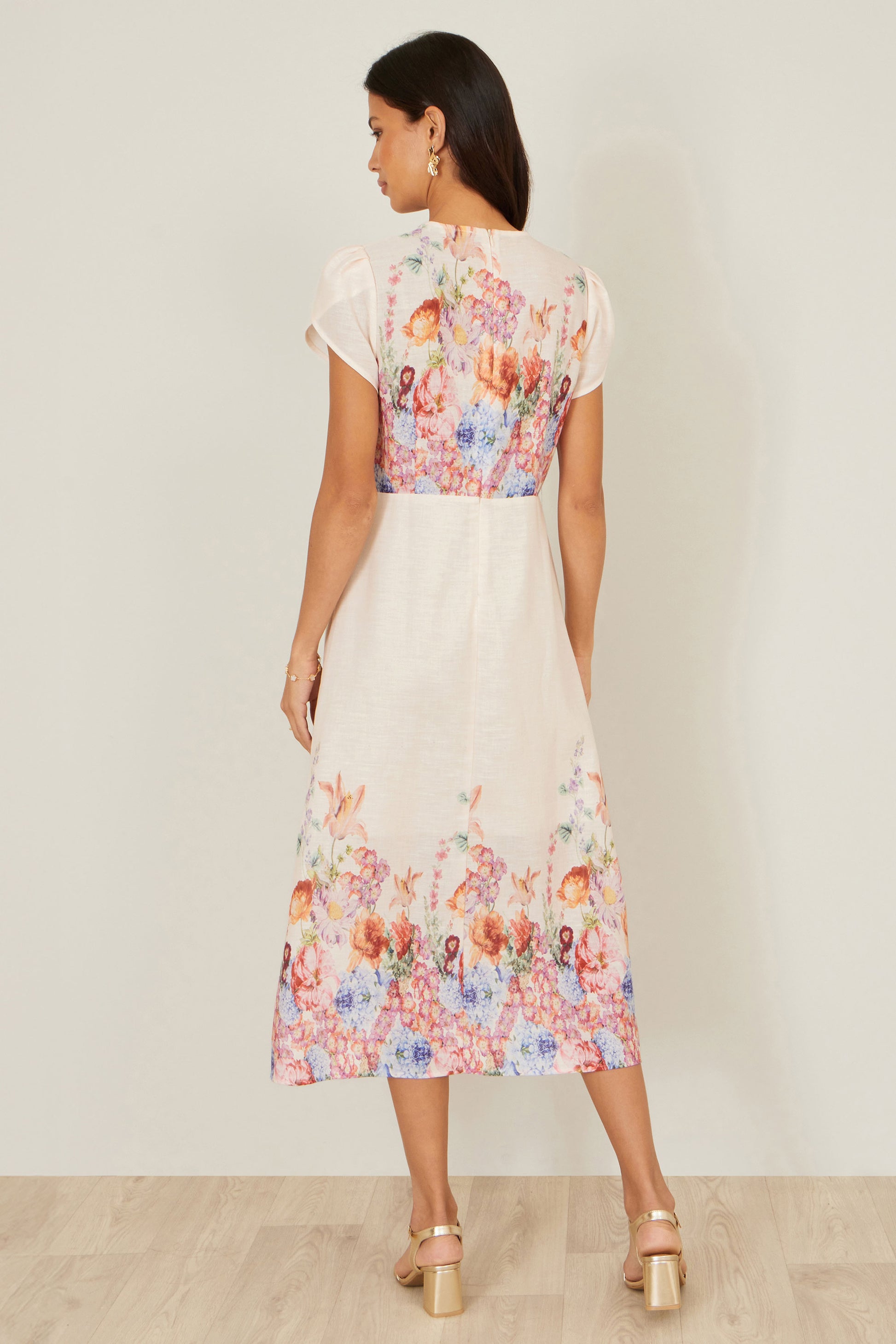 Yumi Pink Border Floral Midi Dress Dress Occasion Yumi