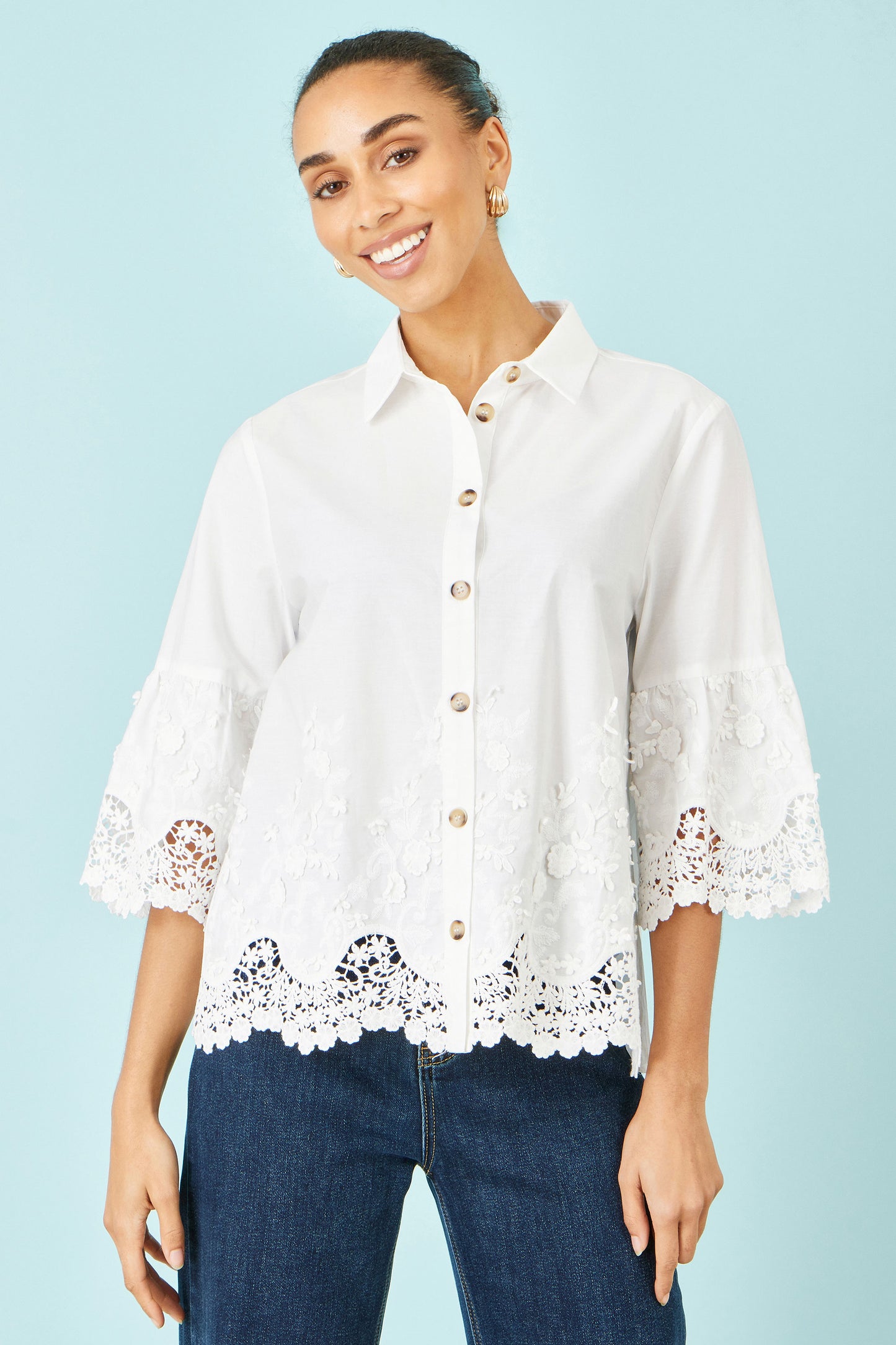 Yumi White Cotton Lace Border Shirt SHIRT Yumi