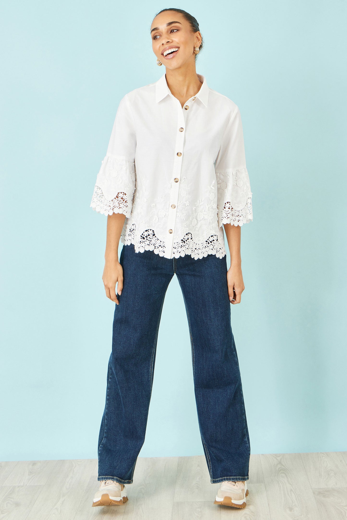 Yumi White Cotton Lace Border Shirt SHIRT Yumi