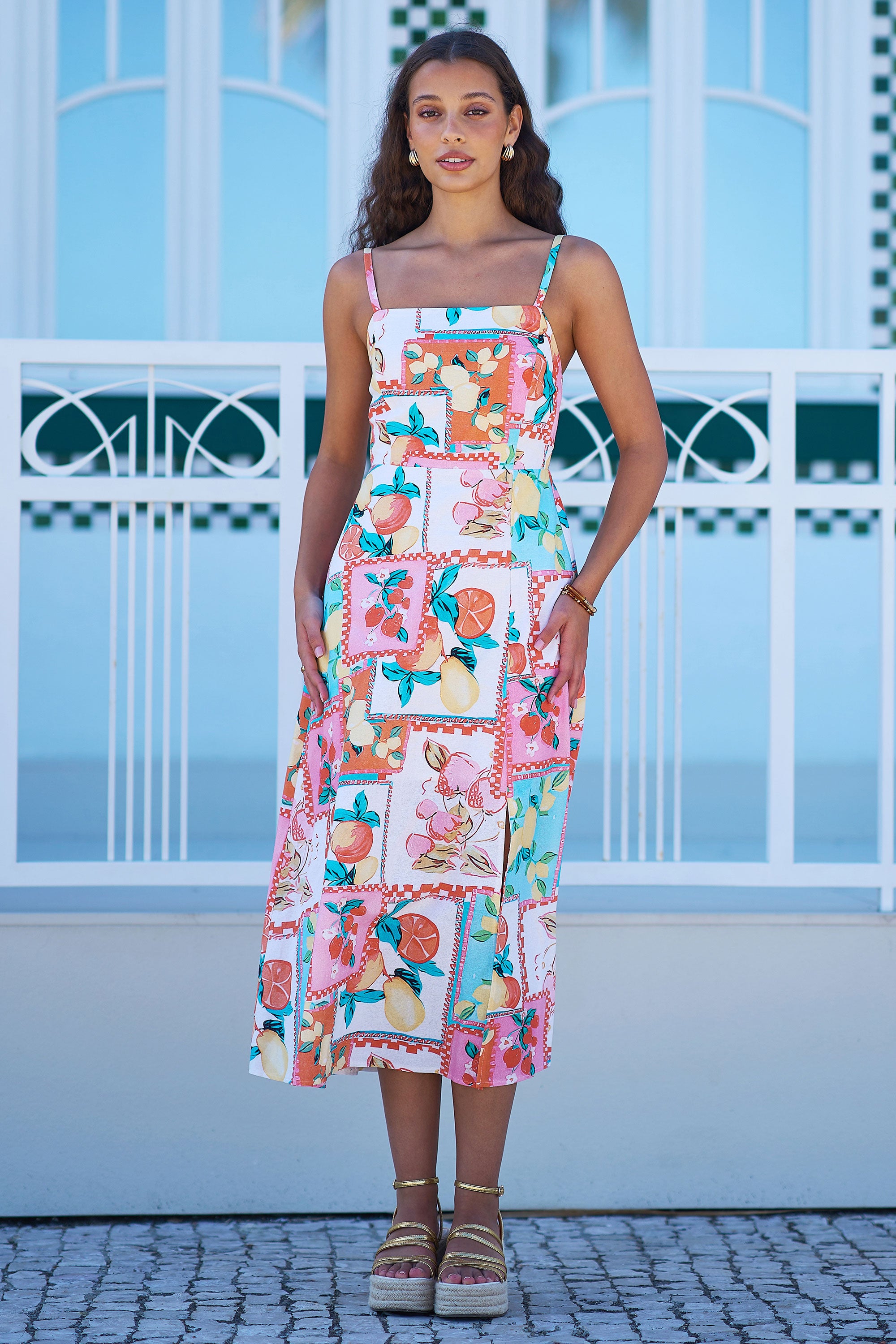 Yumi Multicolour Fruit Print Midi Sun Dress Ruched Back | Yumi