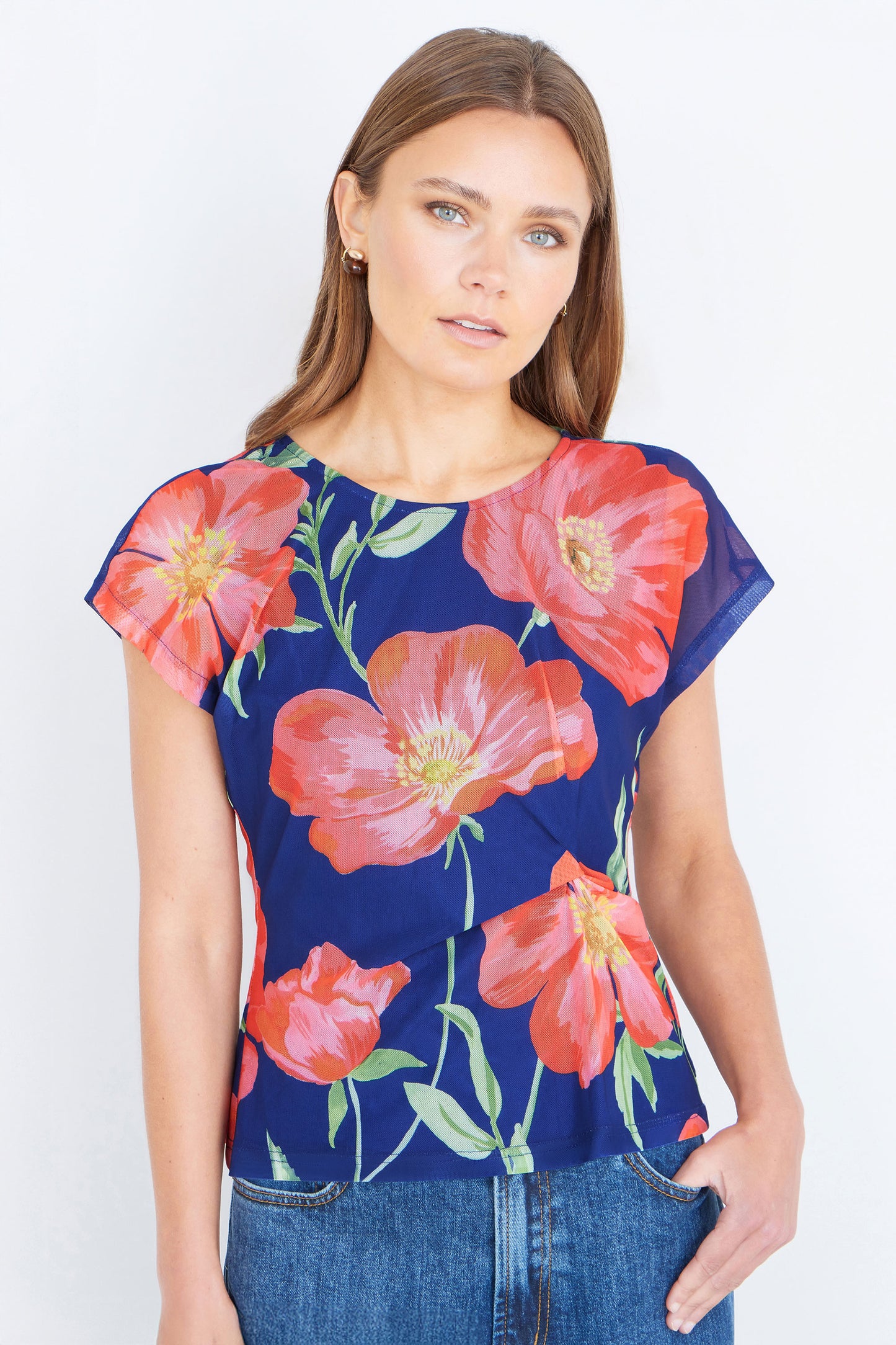 Yumi Navy Poppy Mesh Top Tops Yumi