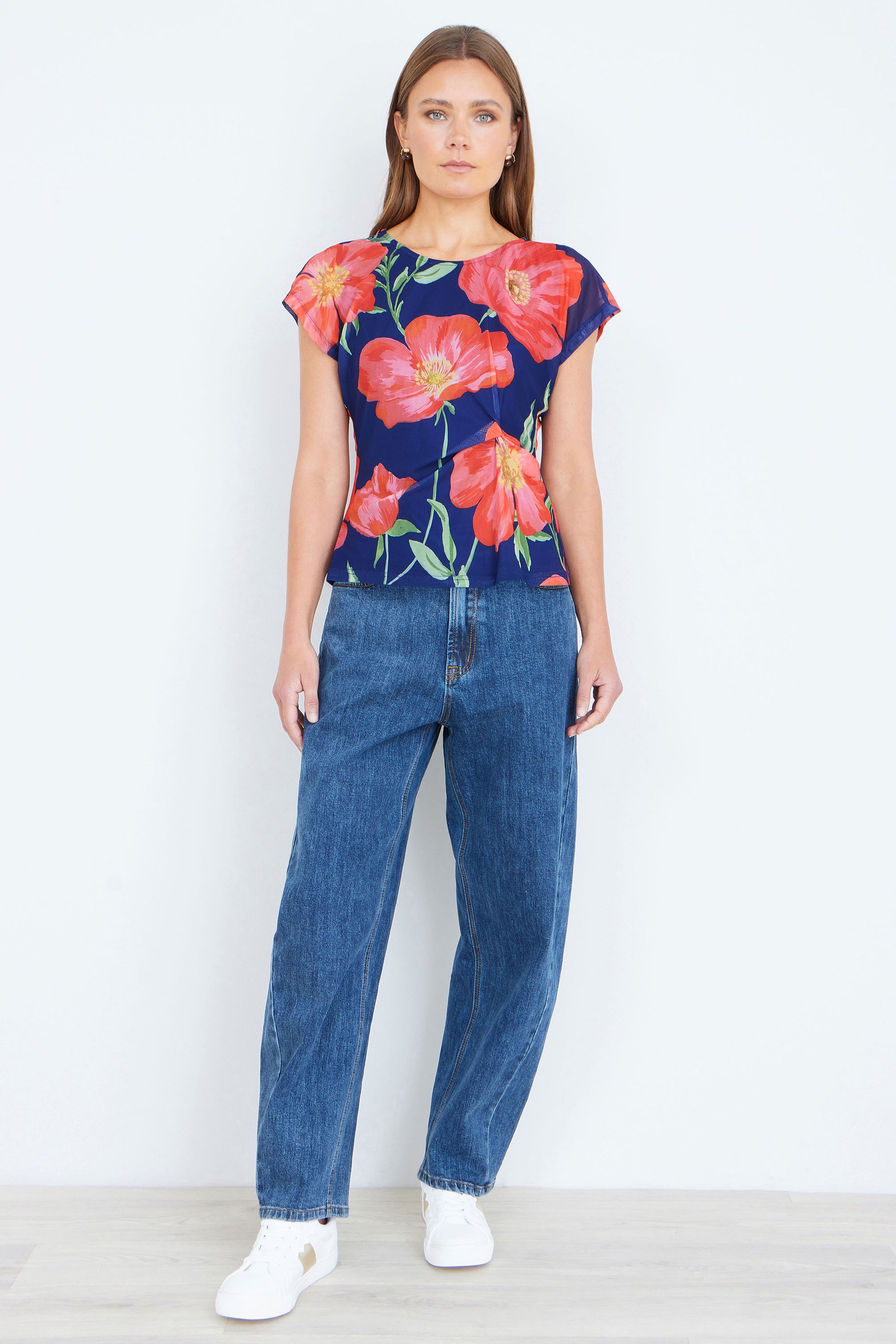 Yumi Navy Poppy Mesh Top Tops Yumi