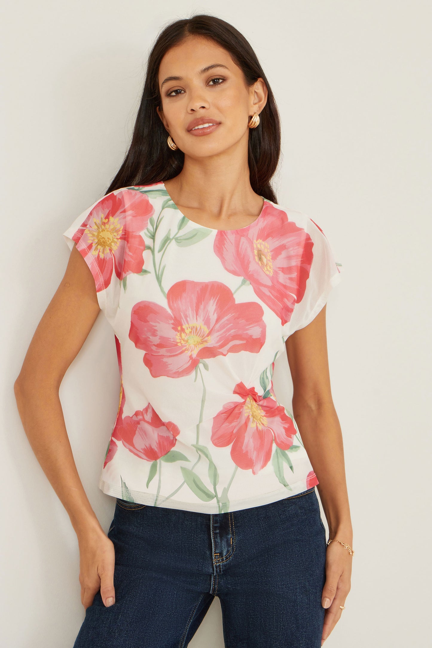 Yumi Ivory Poppy Print Mesh Top Tops Yumi
