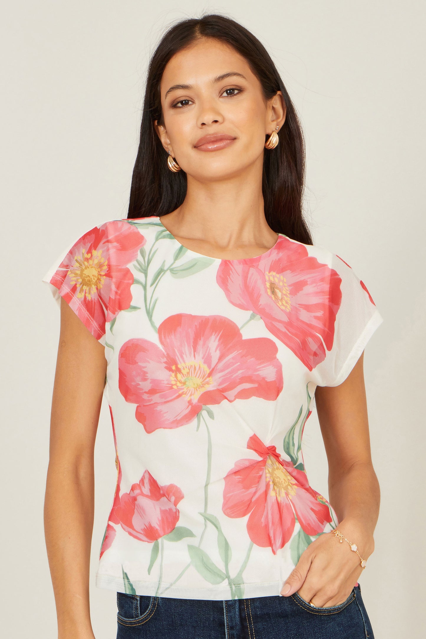Yumi Ivory Poppy Print Mesh Top Tops Yumi