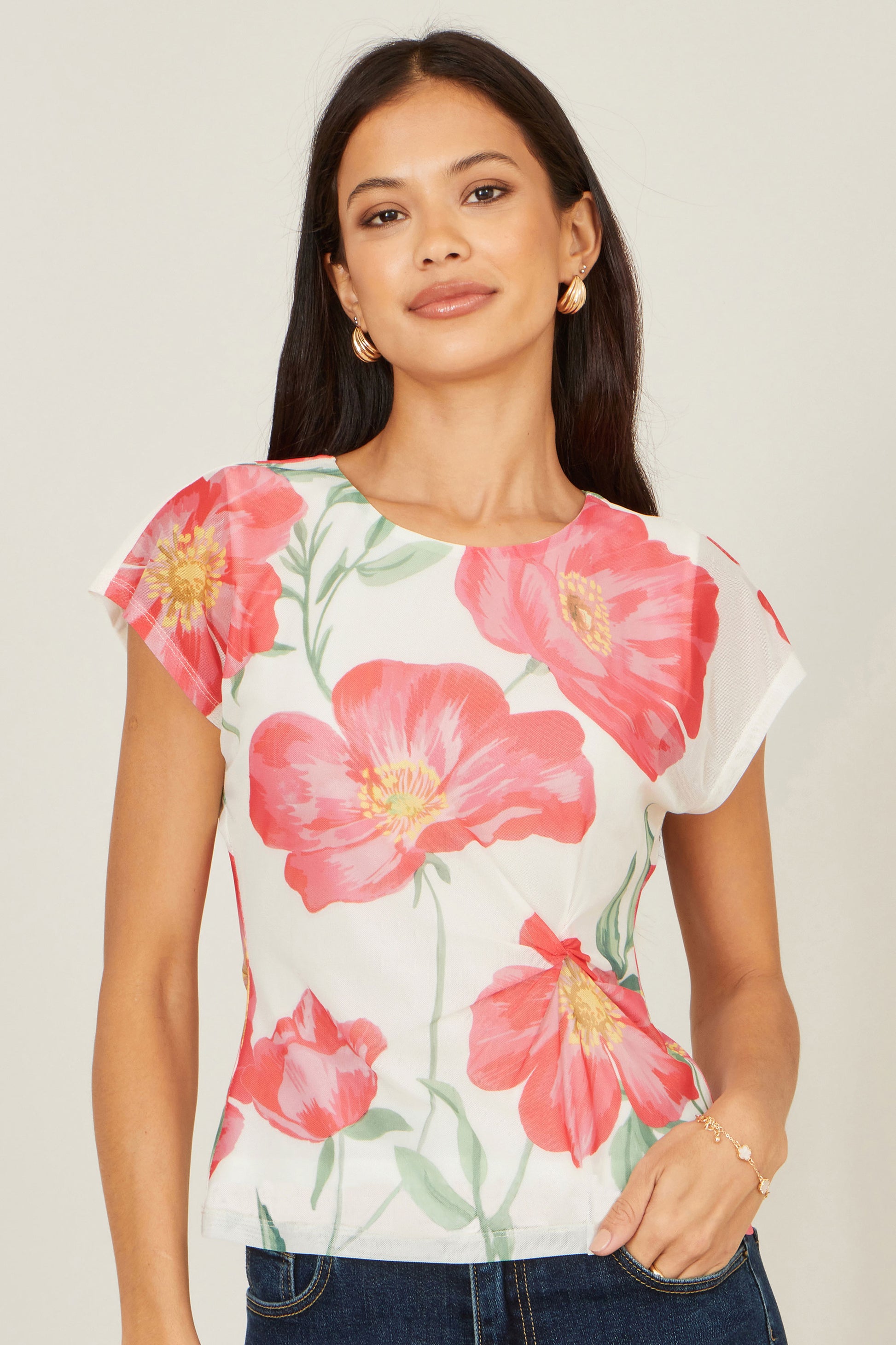 Yumi Ivory Poppy Print Mesh Top Tops Yumi