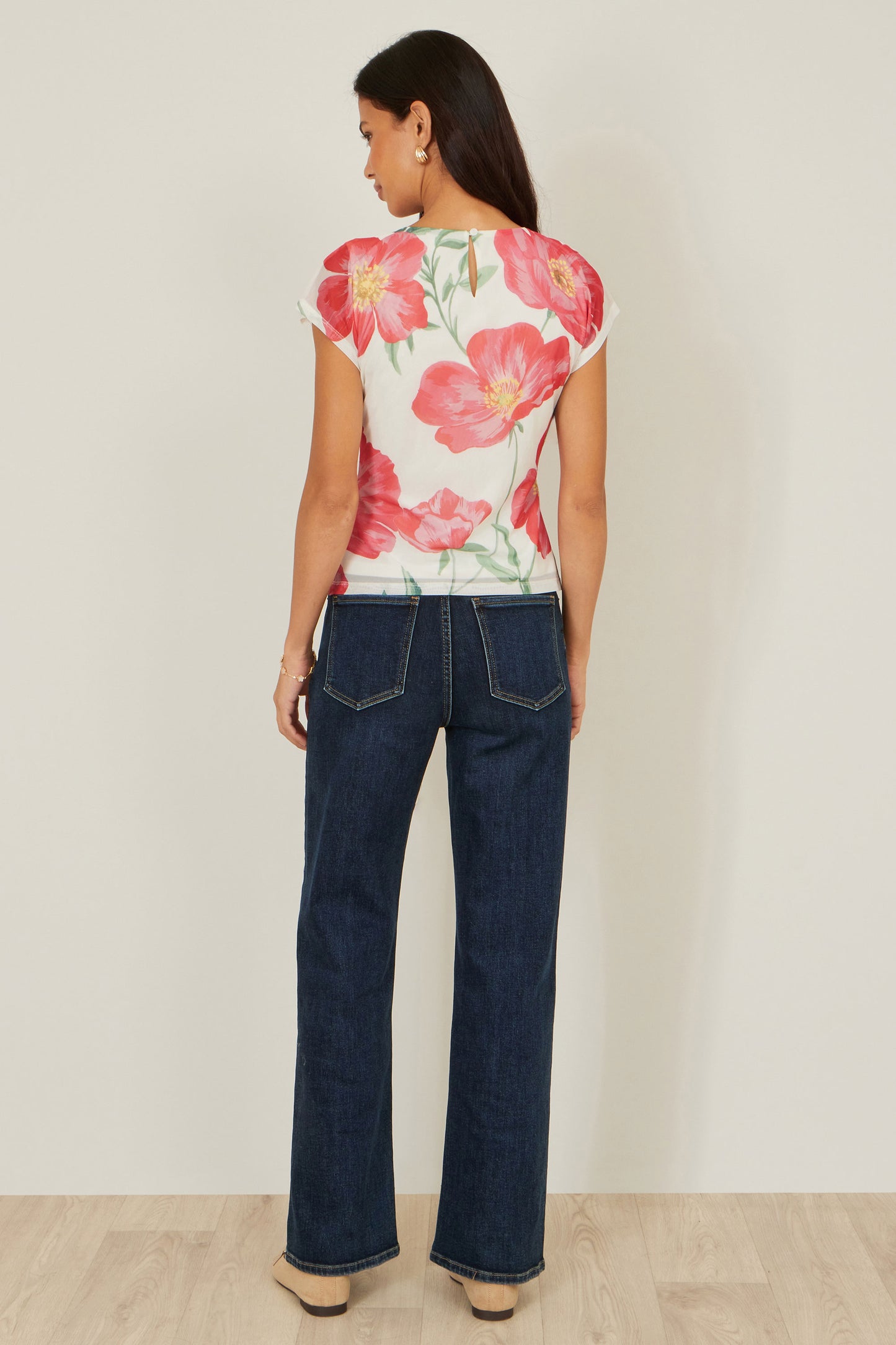 Yumi Ivory Poppy Print Mesh Top Tops Yumi