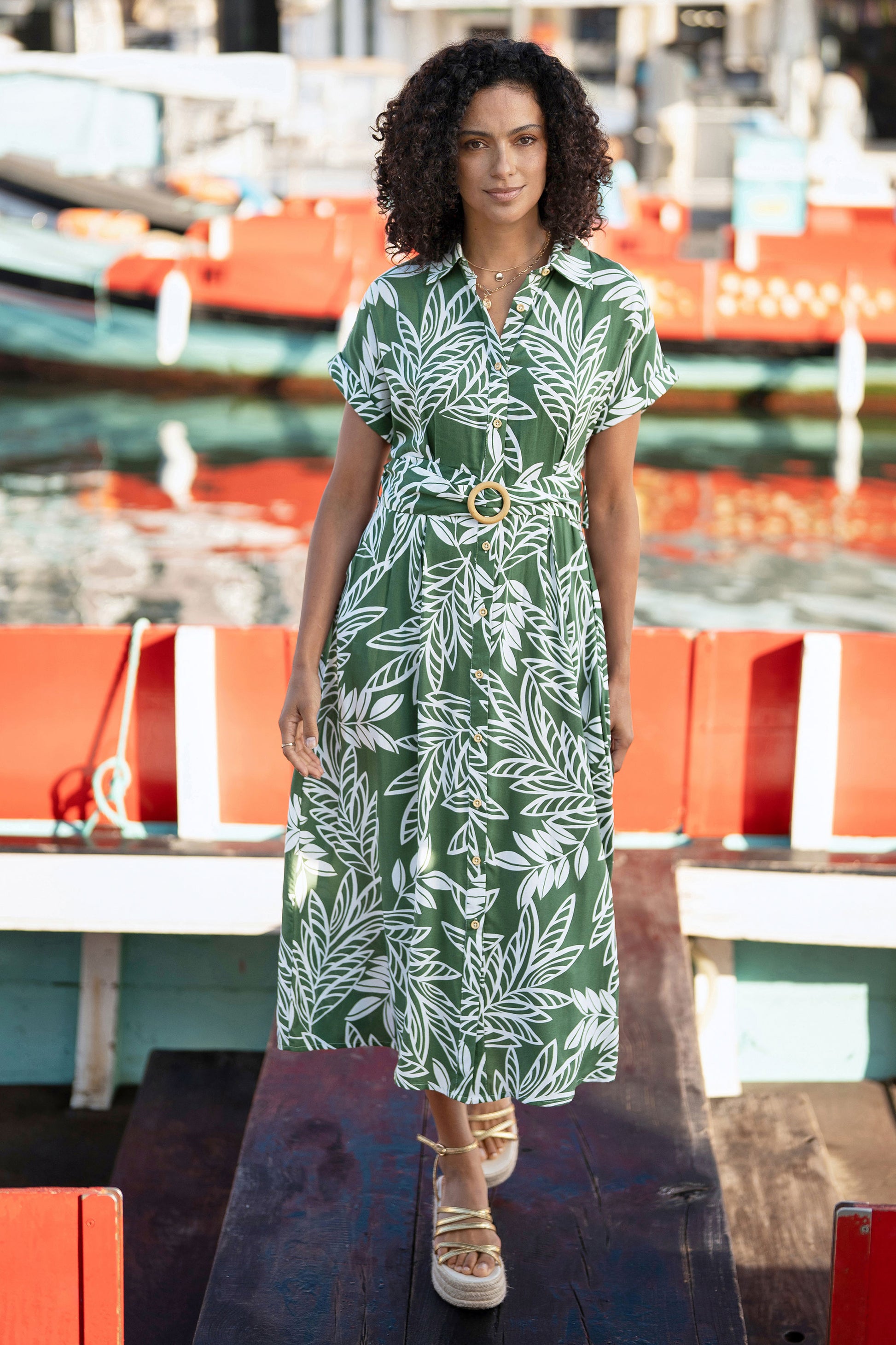 Yumi Green Leaf Print Viscose Relaxed Midi Shirt Dress DRES Day Yumi