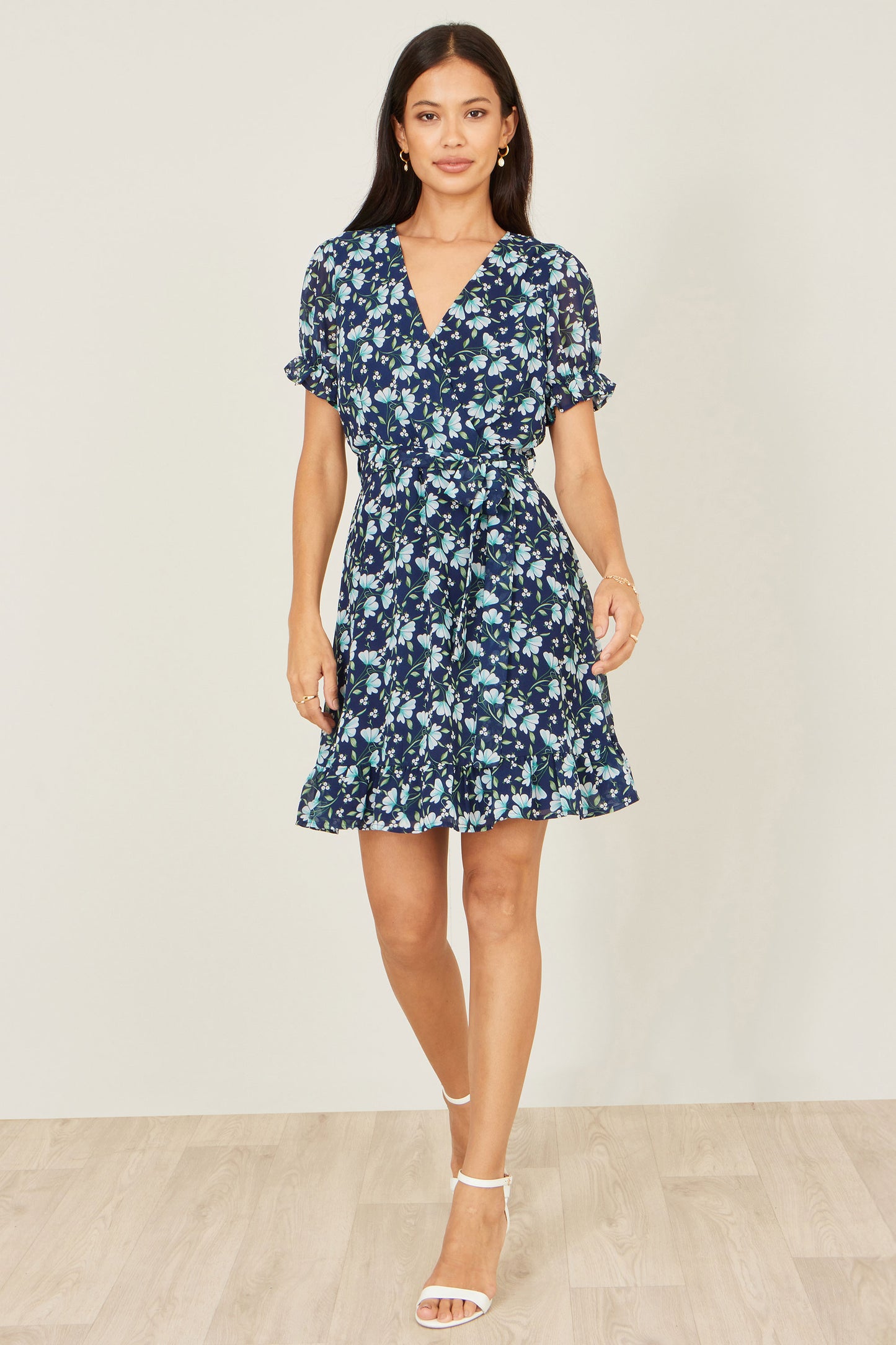 Yumi Blue Floral Skater Wrap Dress Dress Casual Yumi