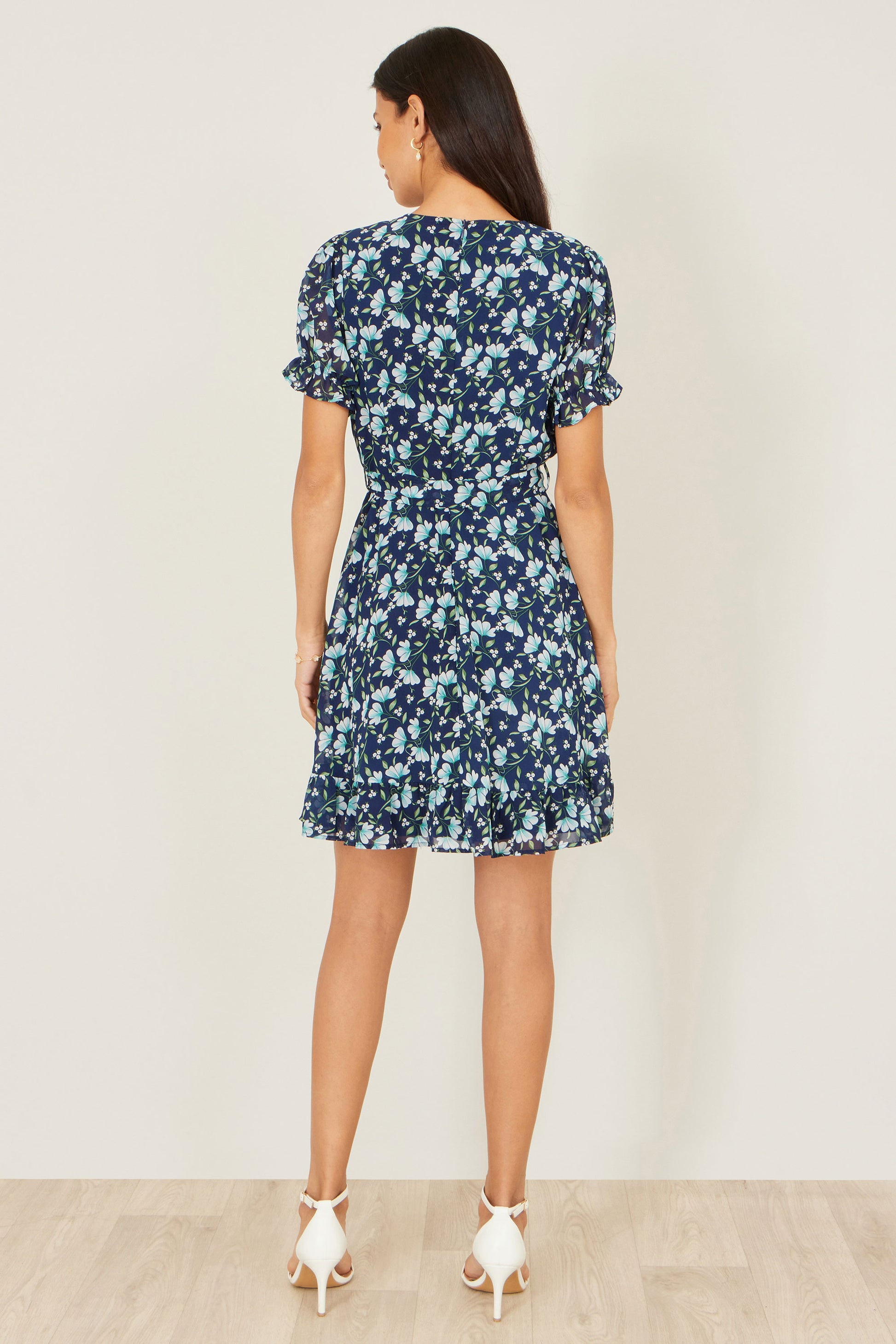 Yumi Blue Floral Skater Wrap Dress Dress Casual Yumi