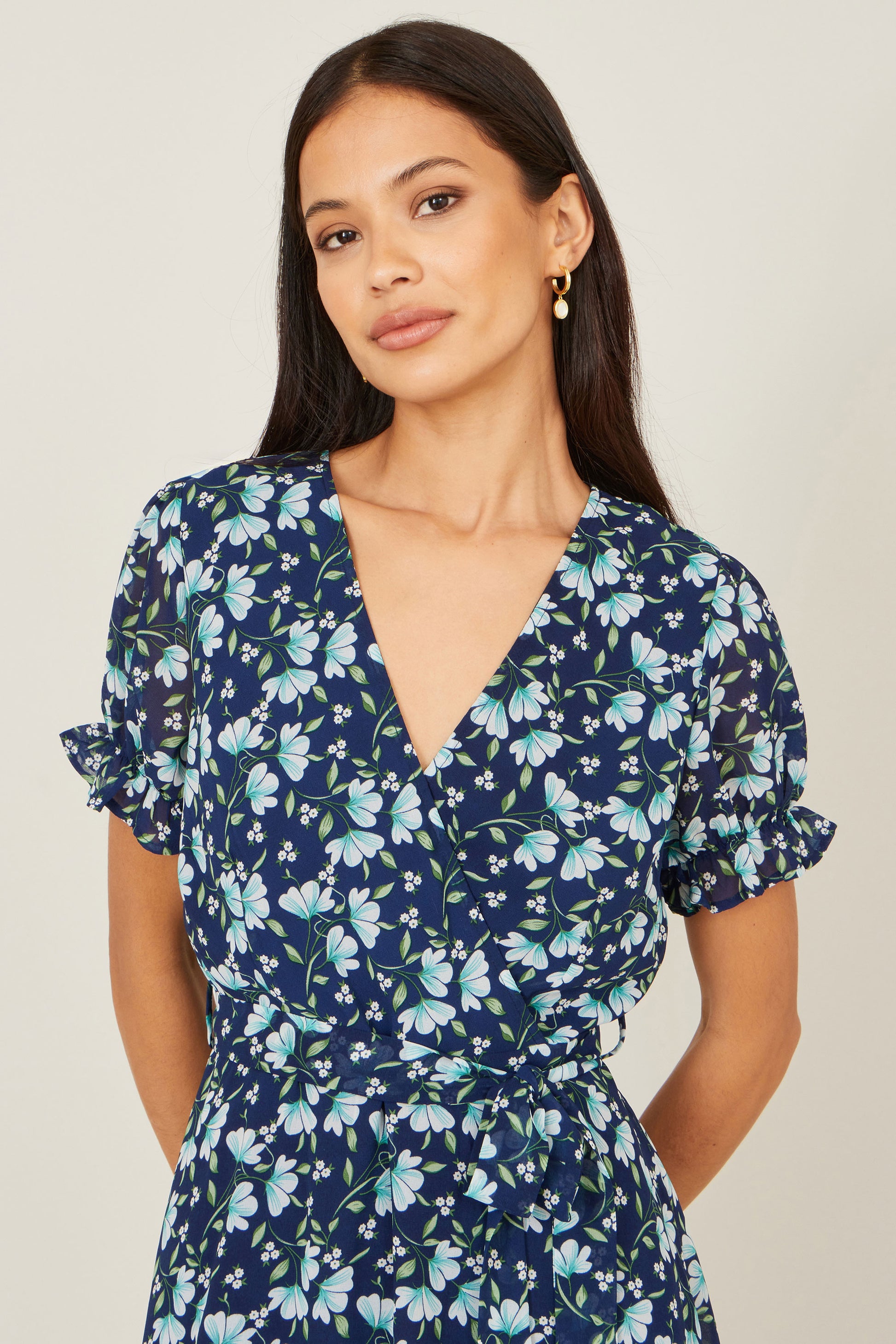 Yumi Blue Floral Skater Wrap Dress Dress Casual Yumi