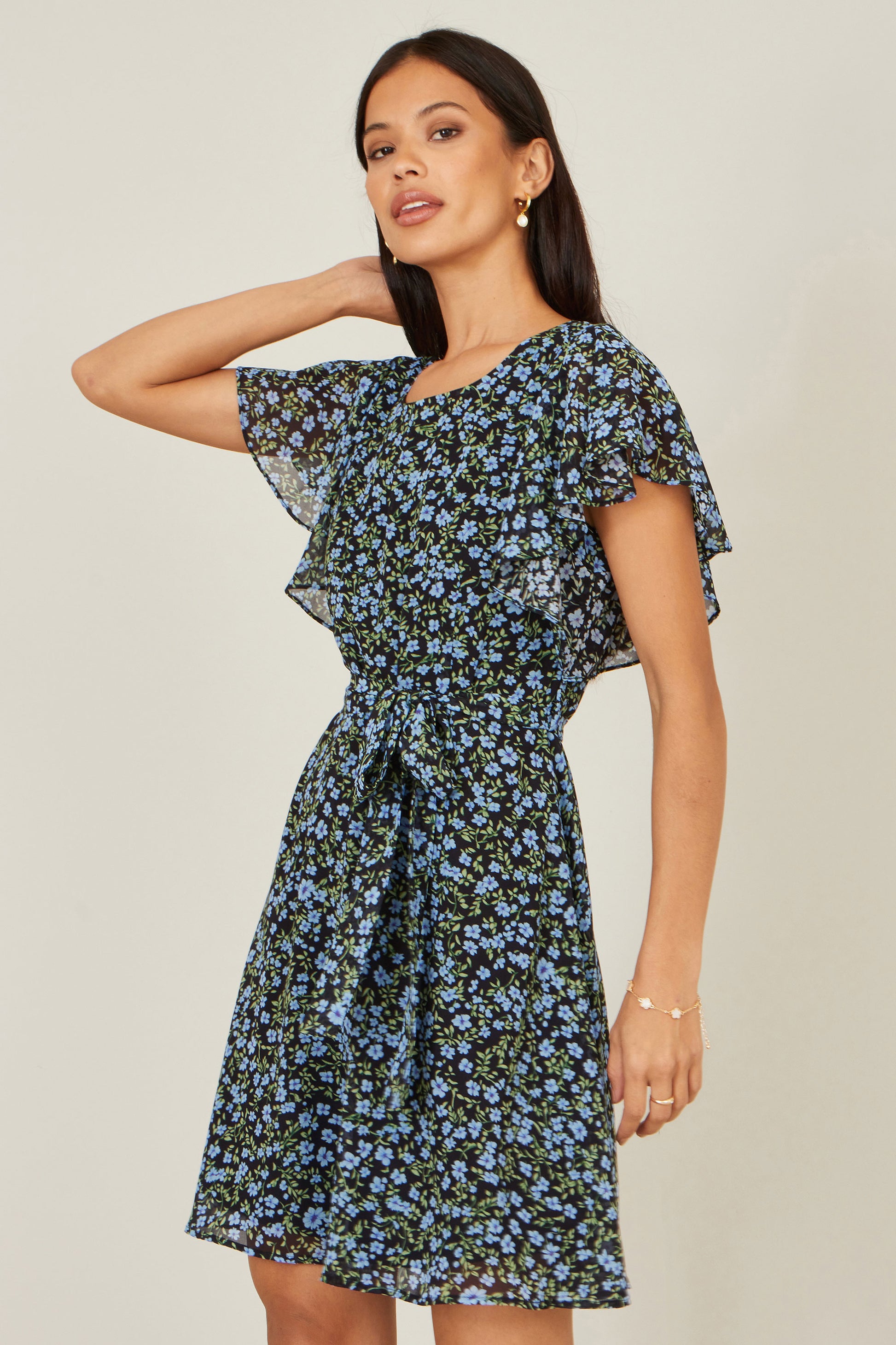 Yumi Blue Ditsy Print Floral Skater Dress Dress Casual Yumi