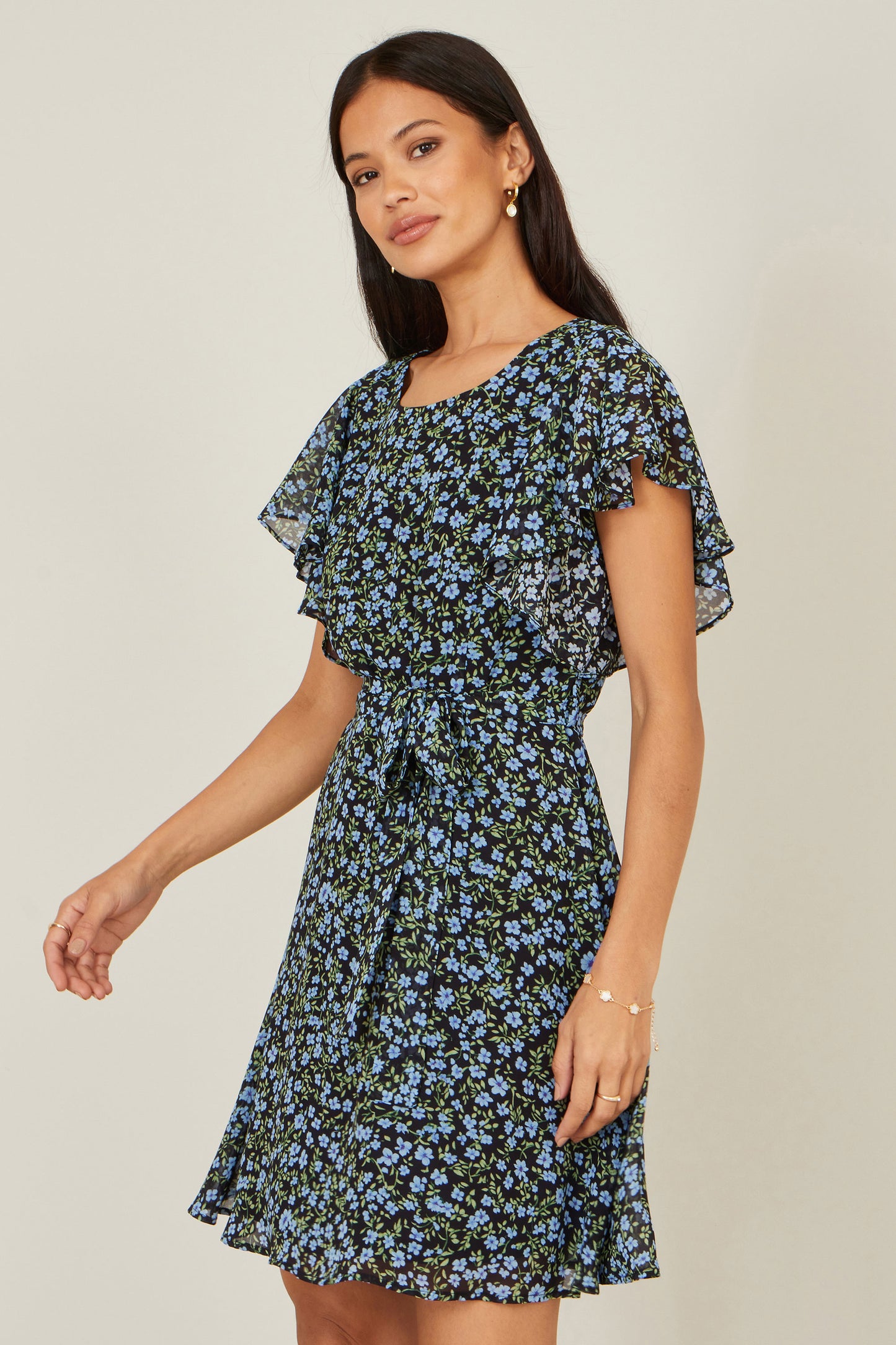 Yumi Blue Ditsy Print Floral Skater Dress Dress Casual Yumi