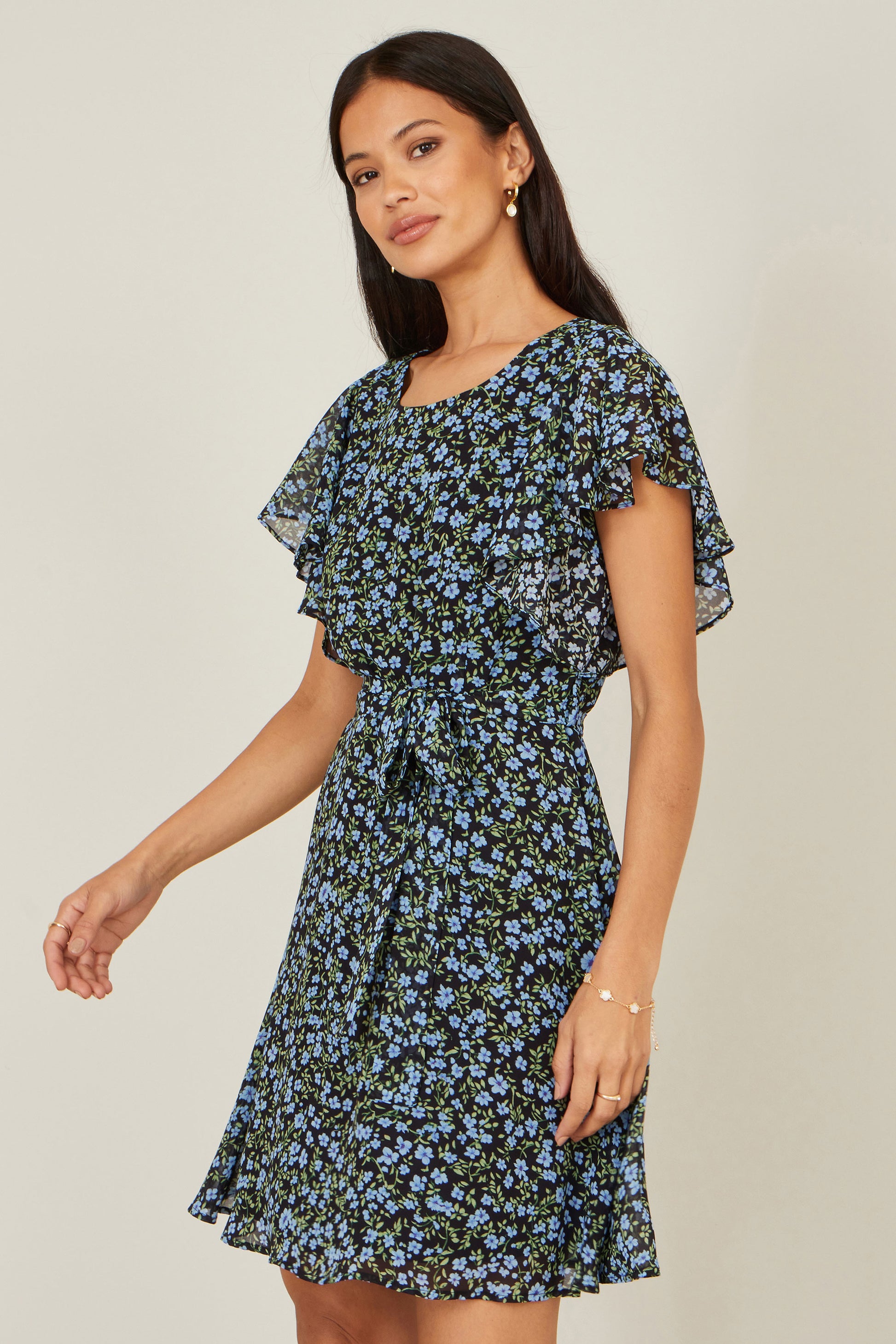 Yumi Blue Ditsy Print Floral Skater Dress Dress Casual Yumi