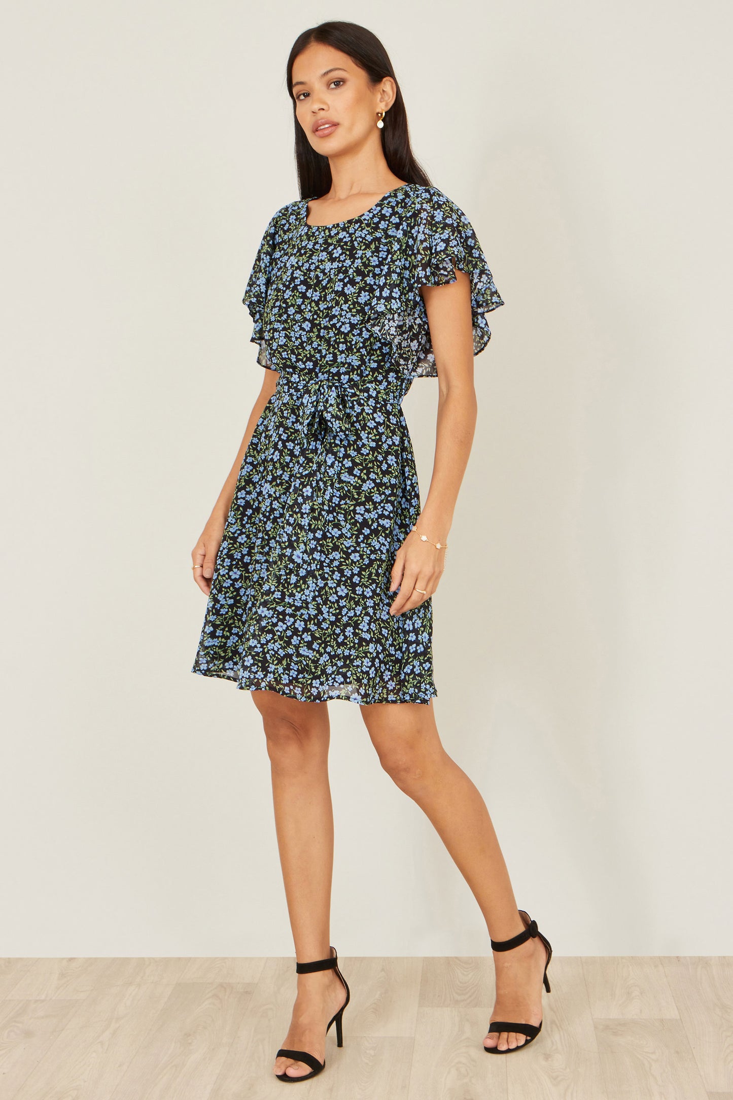 Yumi Blue Ditsy Print Floral Skater Dress Dress Casual Yumi