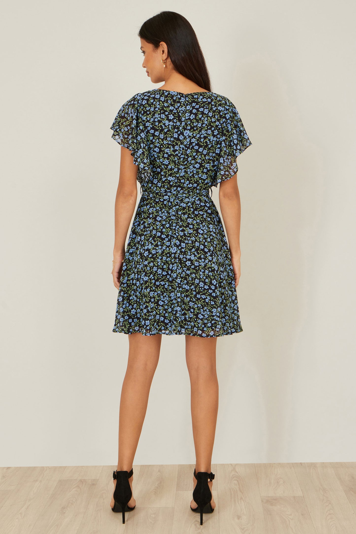 Yumi Blue Ditsy Print Floral Skater Dress Dress Casual Yumi