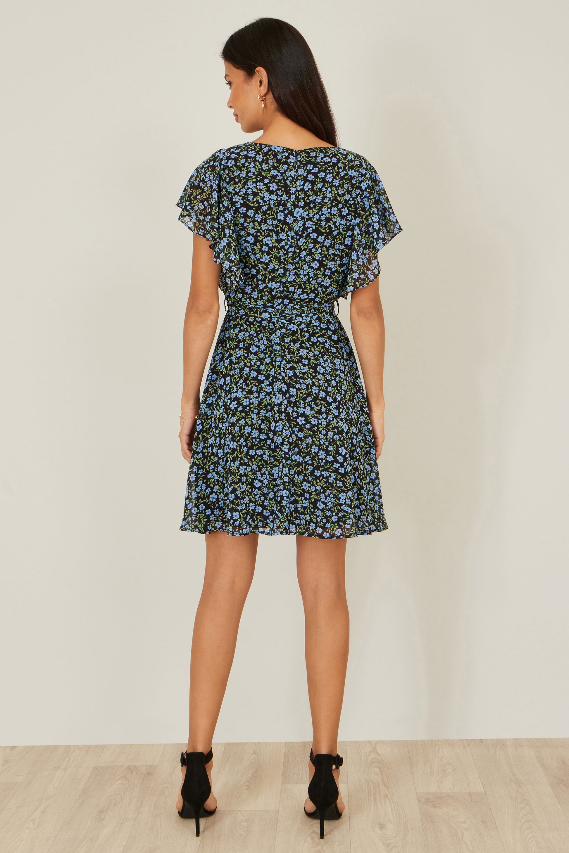 Yumi Blue Ditsy Print Floral Skater Dress Dress Casual Yumi