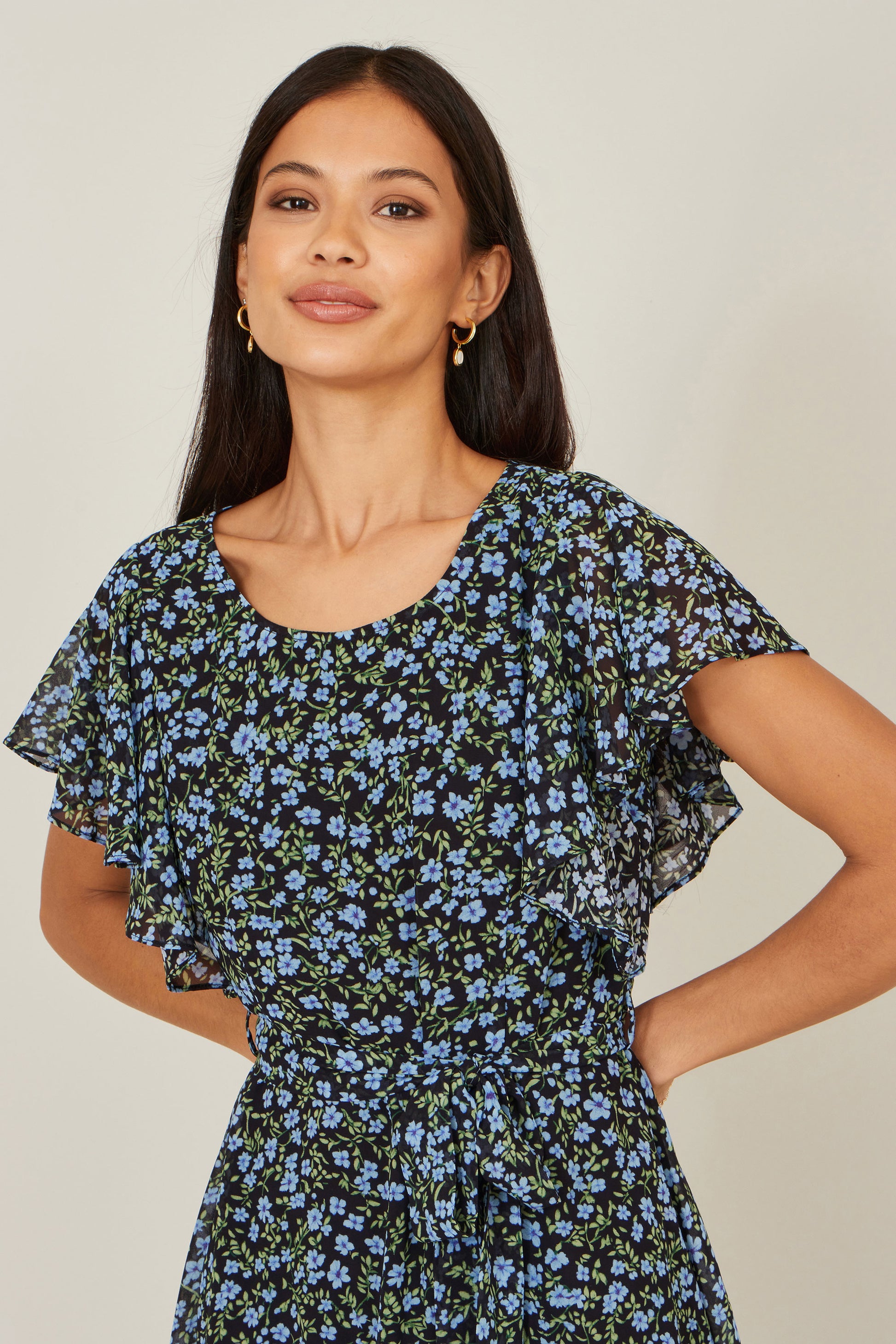 Yumi Blue Ditsy Print Floral Skater Dress Dress Casual Yumi