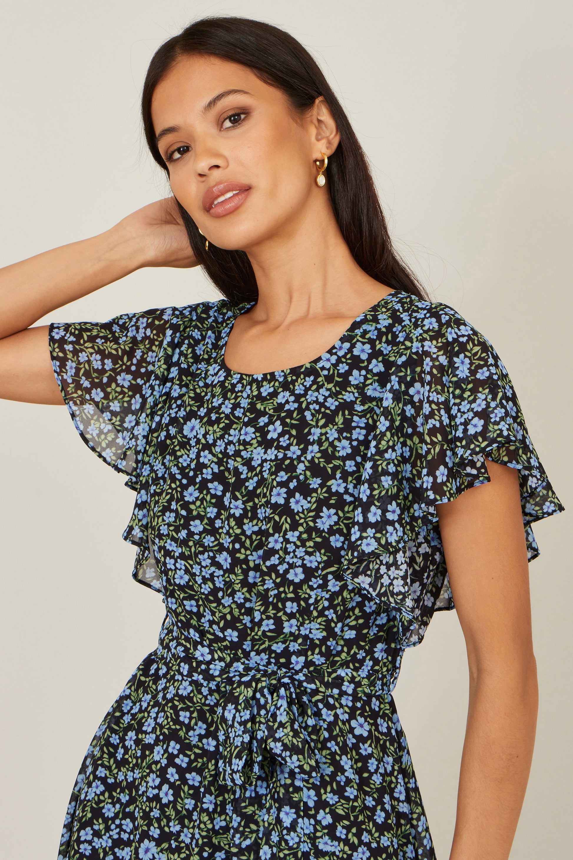 Yumi Blue Ditsy Print Floral Skater Dress Dress Casual Yumi