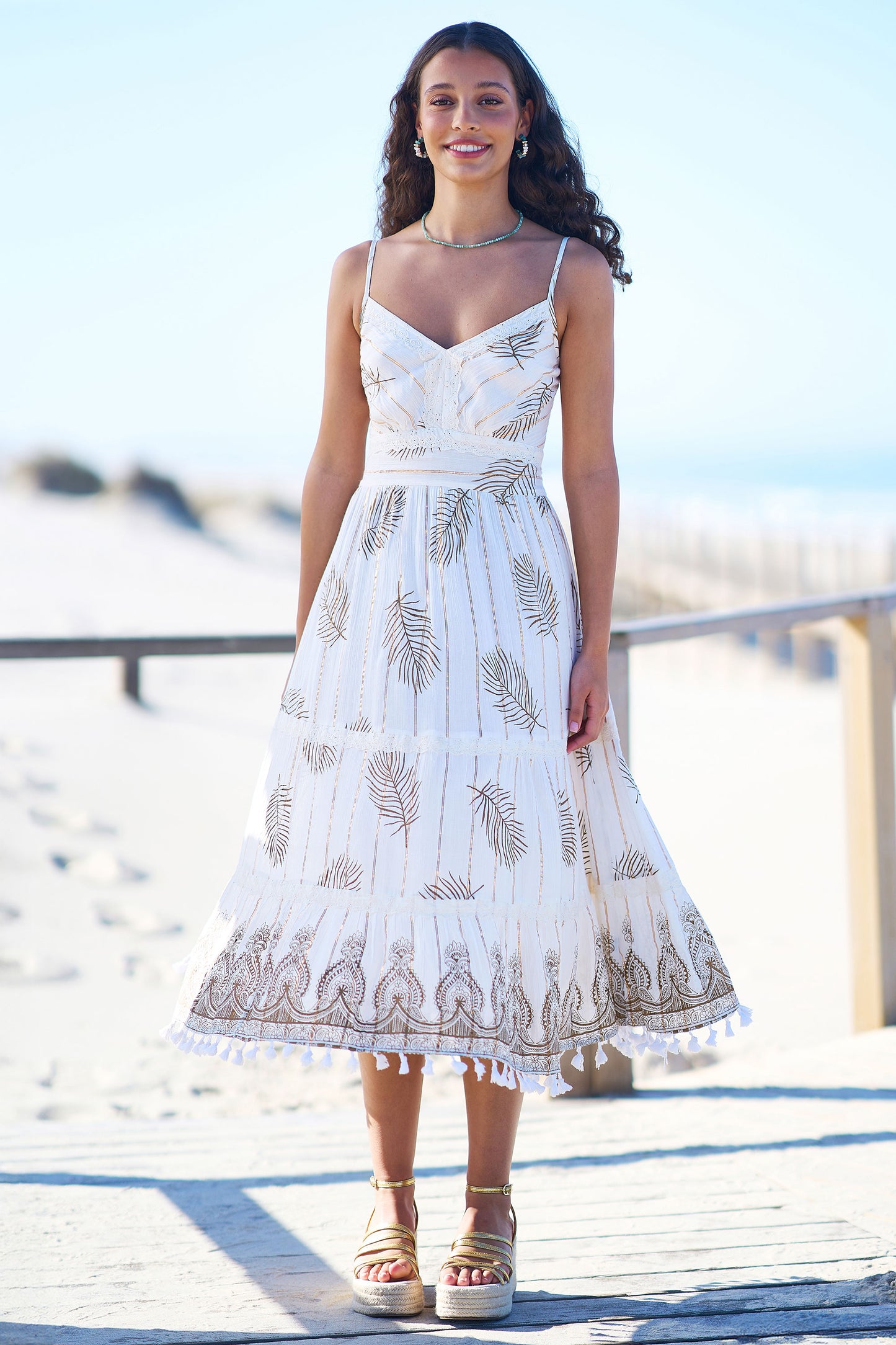 Yumi Ivory Foil Print Midi Sun Dress With Lace Trims Beachwear Yumi
