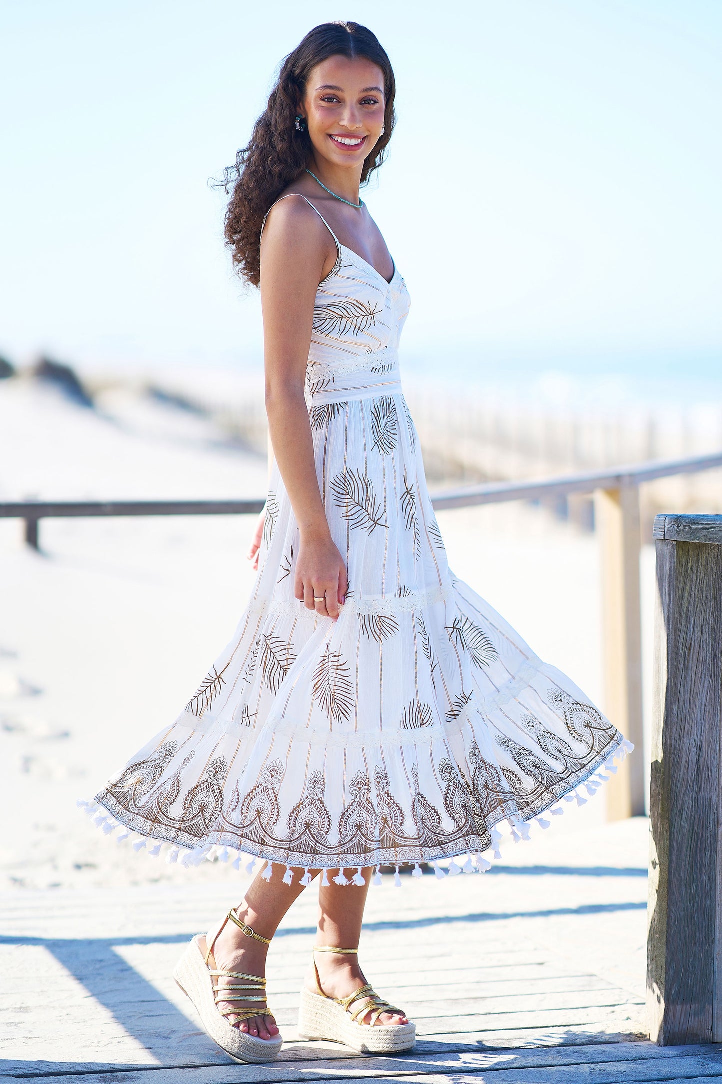 Yumi Ivory Foil Print Midi Sun Dress With Lace Trims Beachwear Yumi