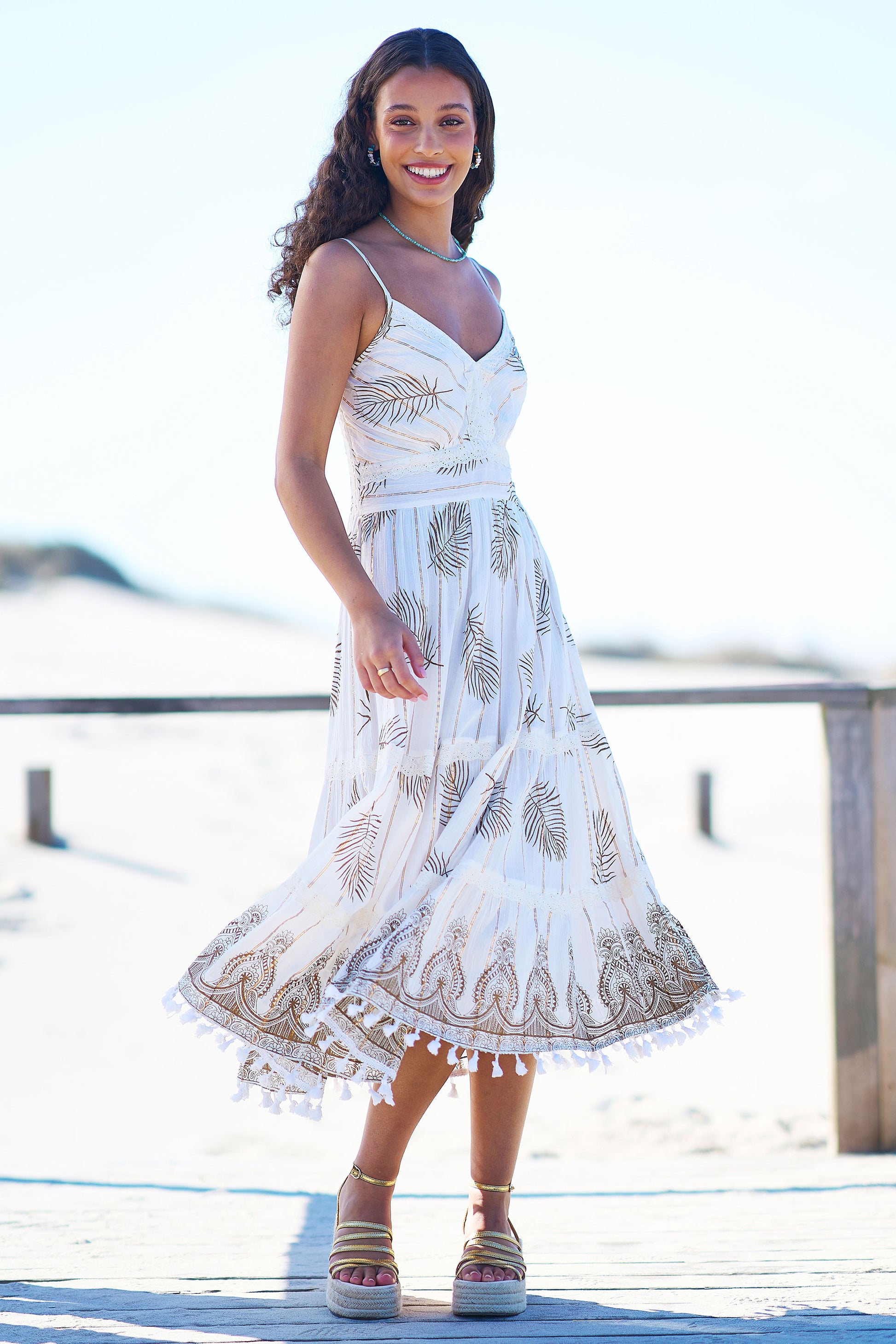 Yumi Ivory Foil Print Midi Sun Dress With Lace Trims Beachwear Yumi